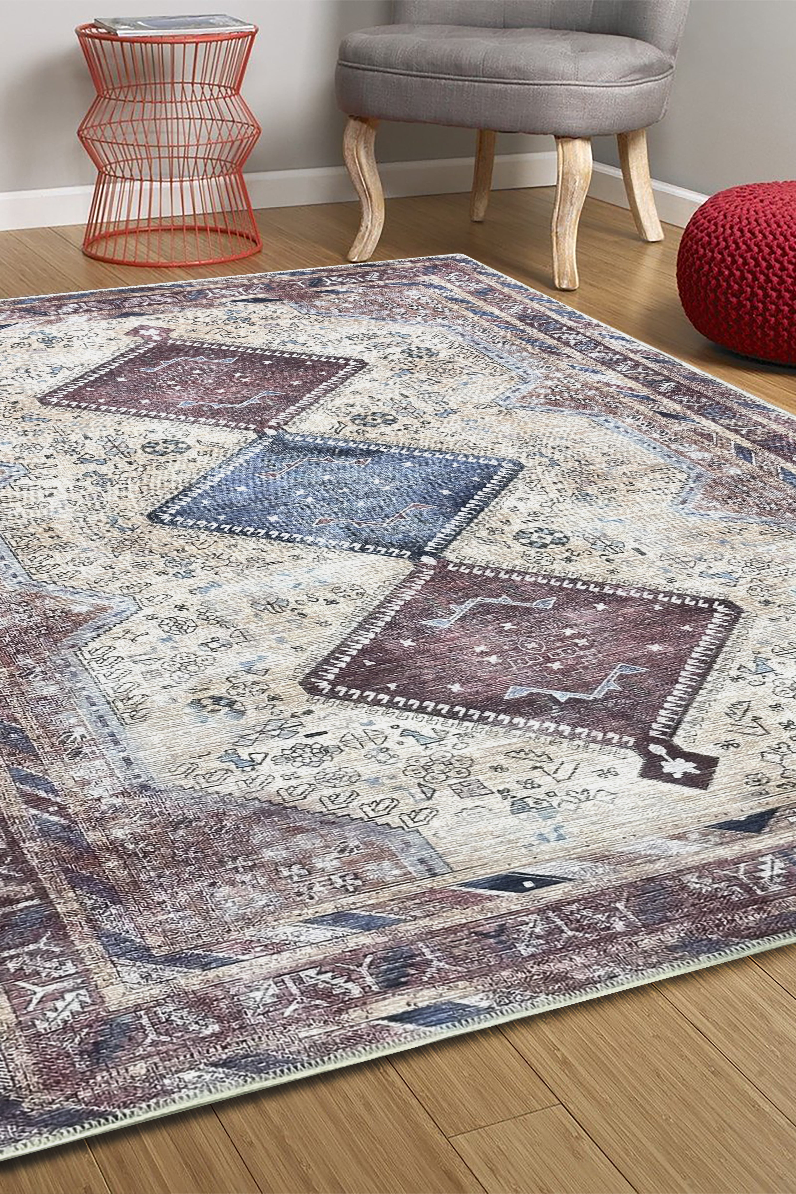 Azanna Terracotta Blue Beige Modern Turkish Rug