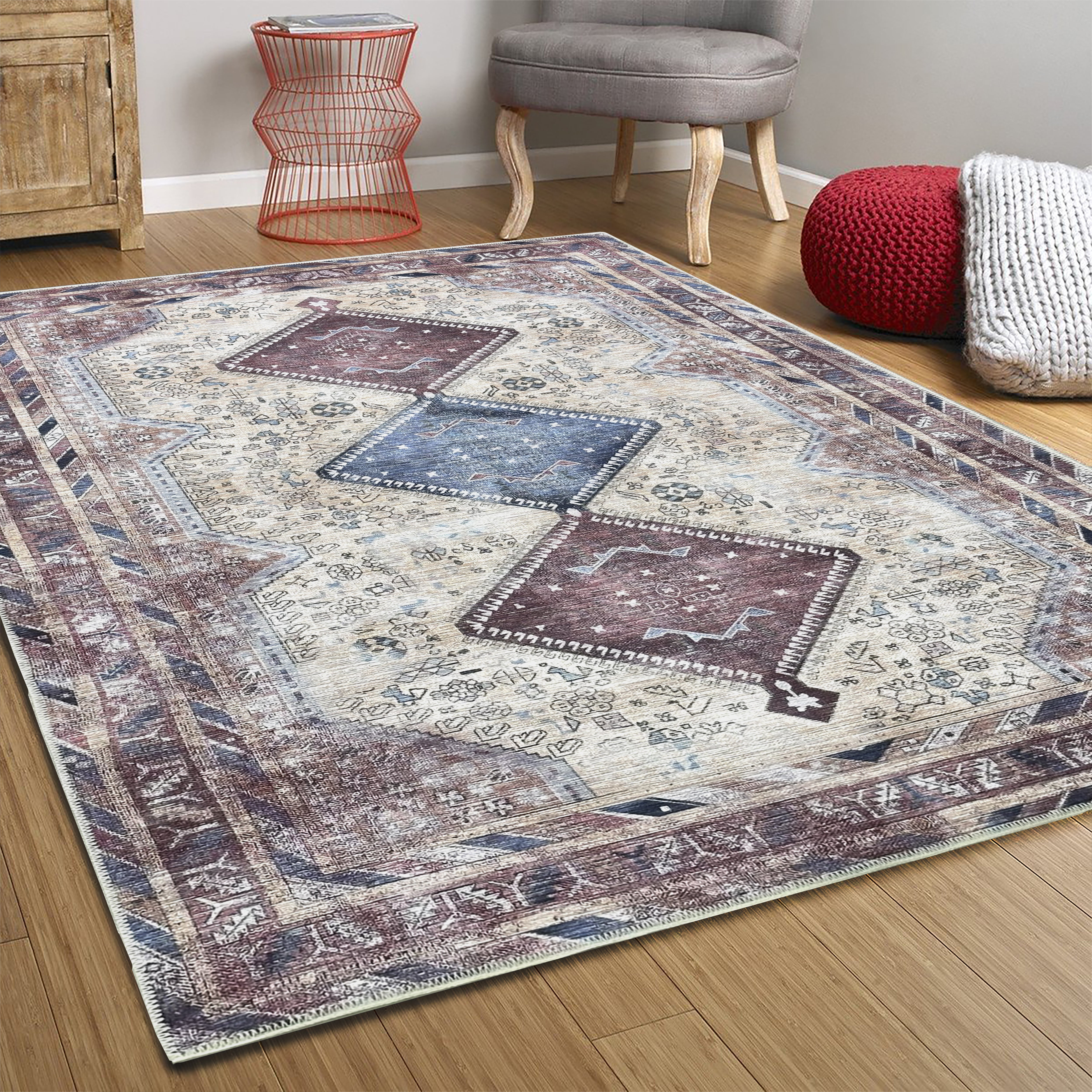 Azanna Terracotta Blue Beige Modern Turkish Rug