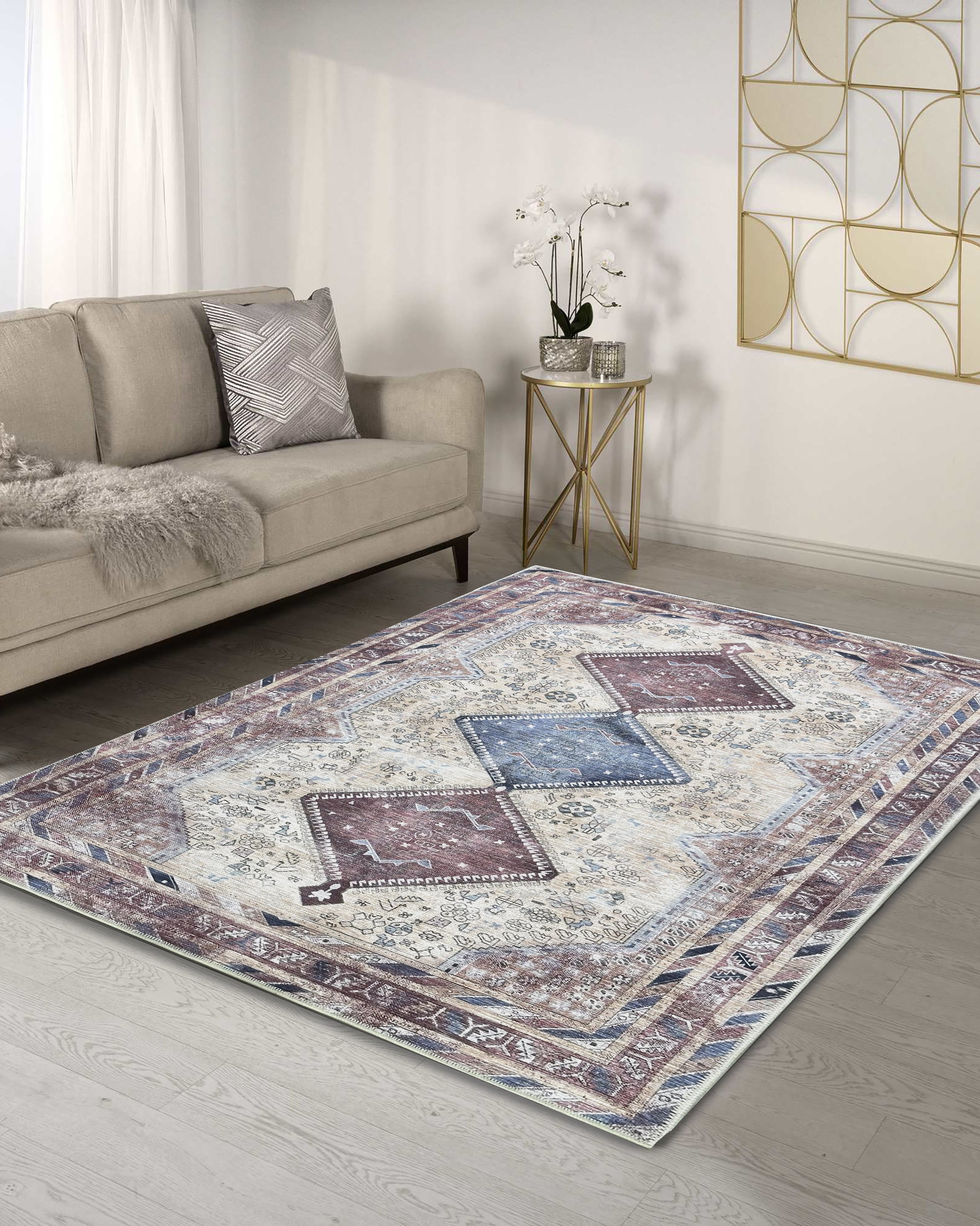 Azanna Terracotta Blue Beige Modern Turkish Rug