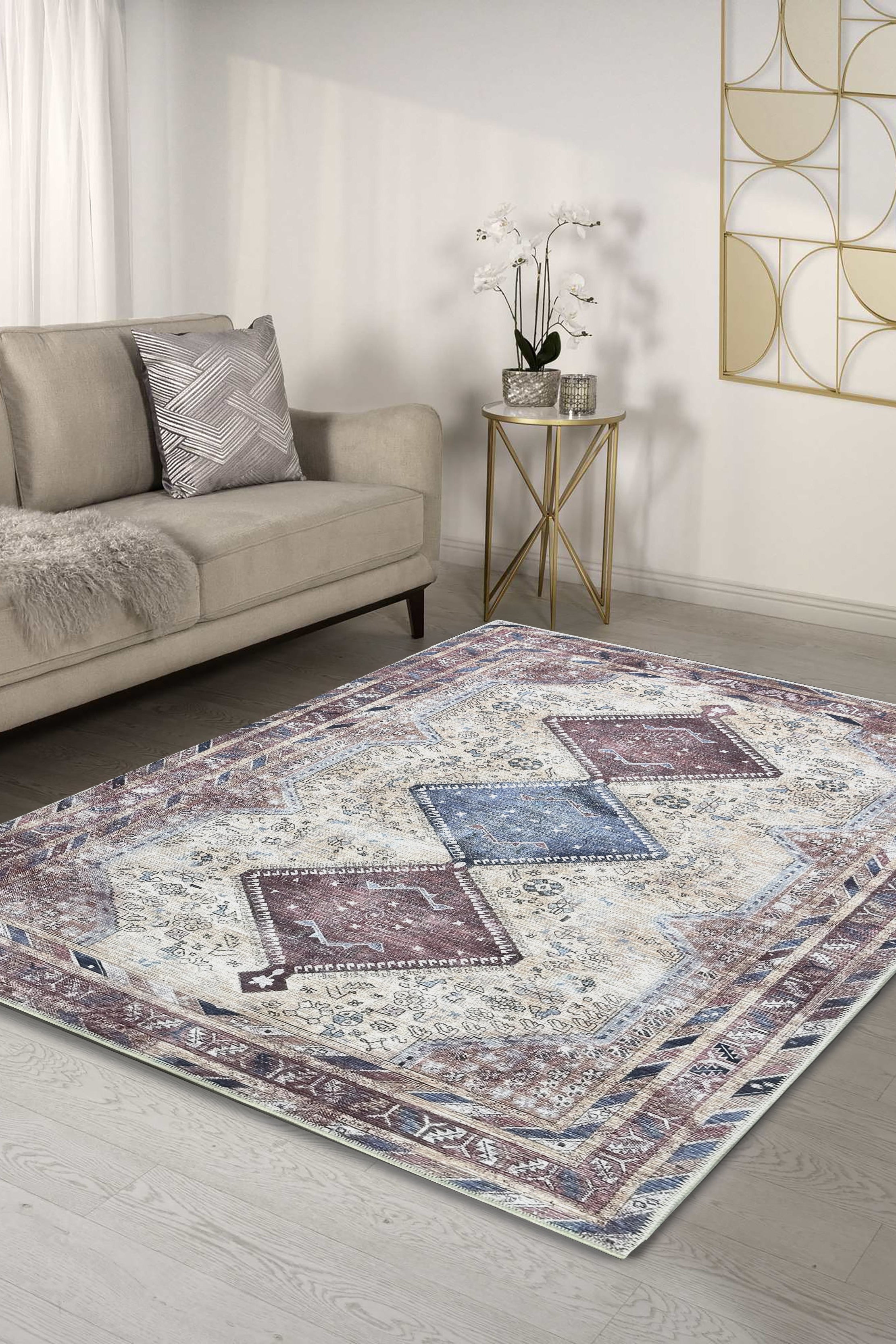 Azanna Terracotta Blue Beige Modern Turkish Rug