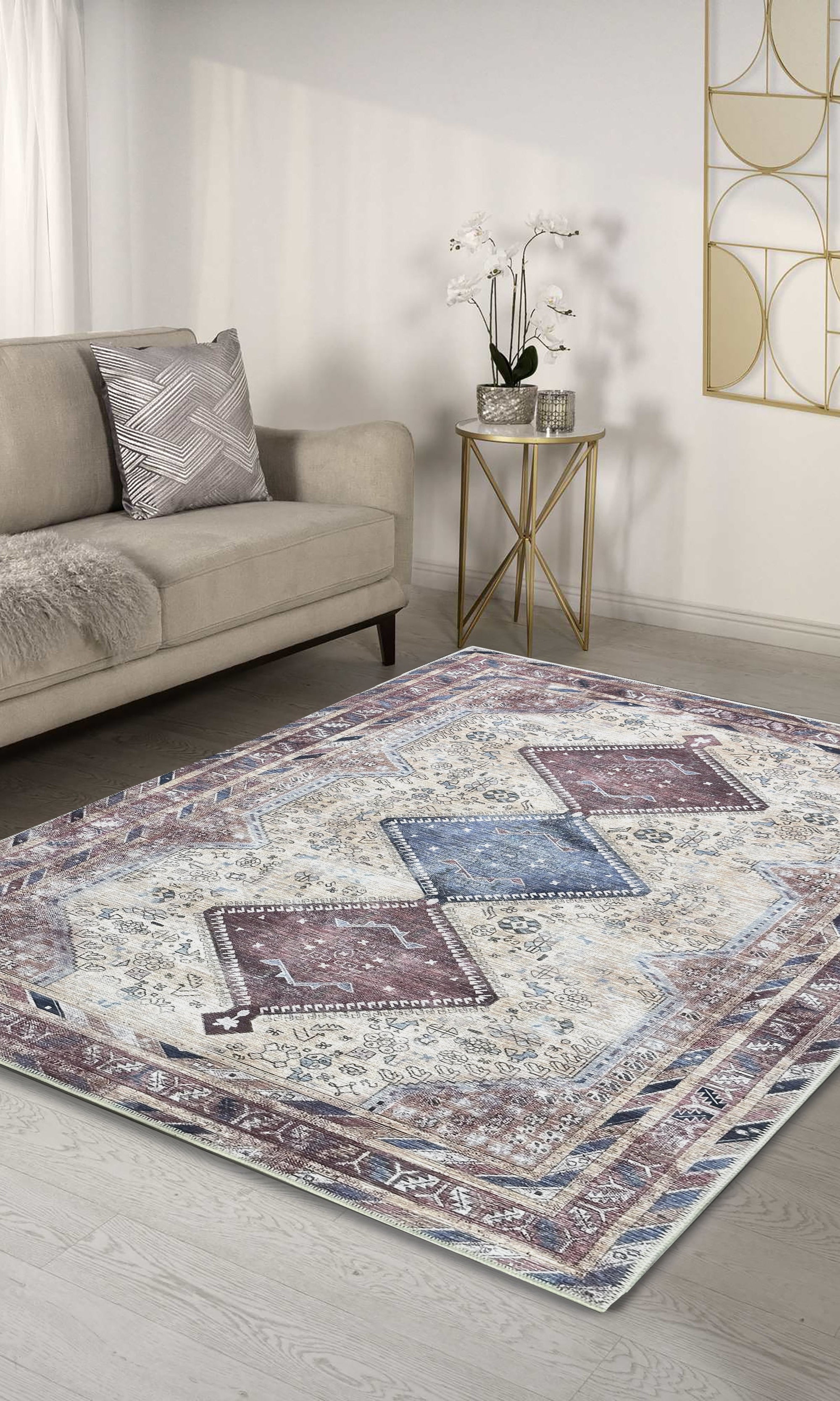 Azanna Terracotta Blue Beige Modern Turkish Rug