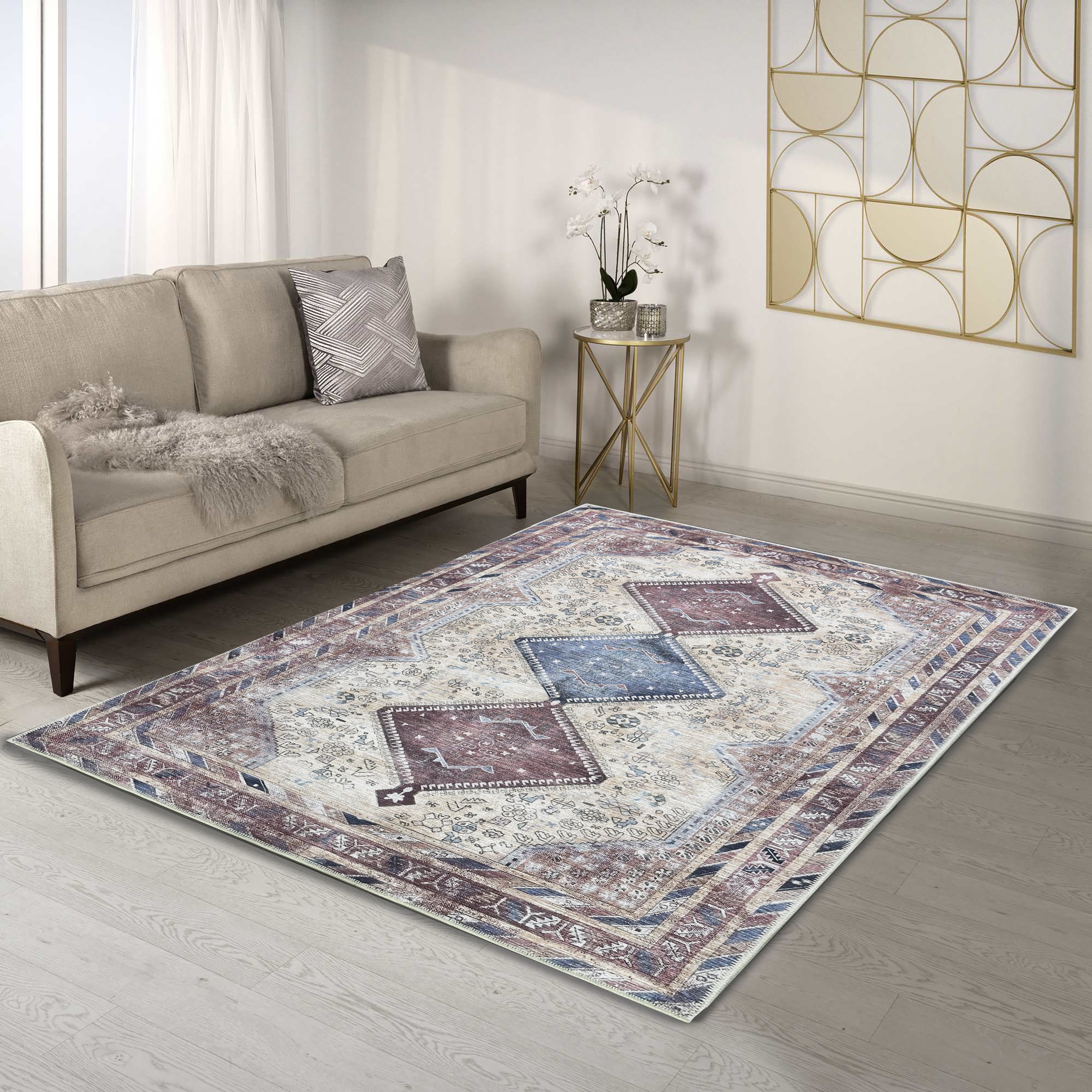 Azanna Terracotta Blue Beige Modern Turkish Rug