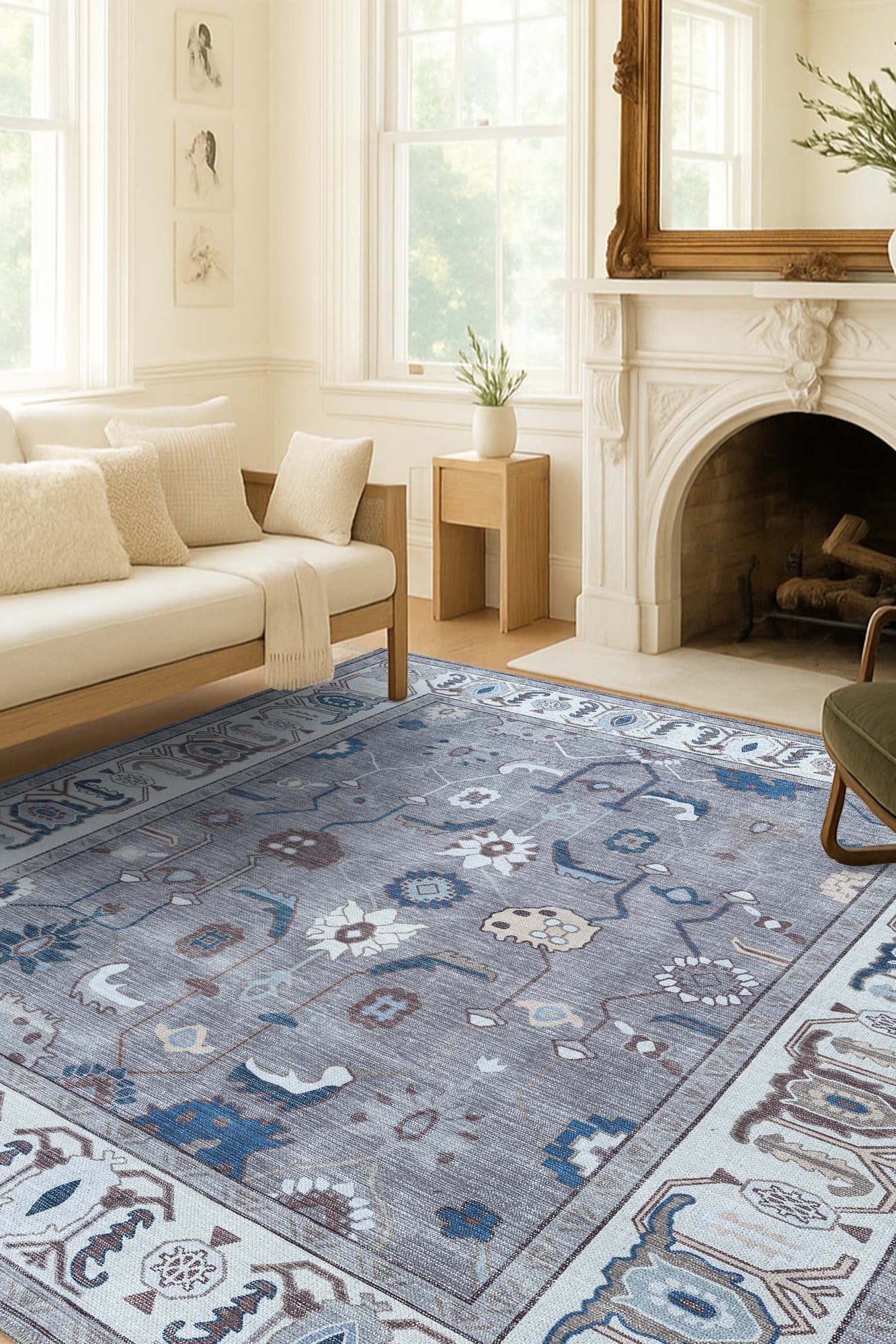 Naila Dark Gray Navy Blue Modern Oushak Rug