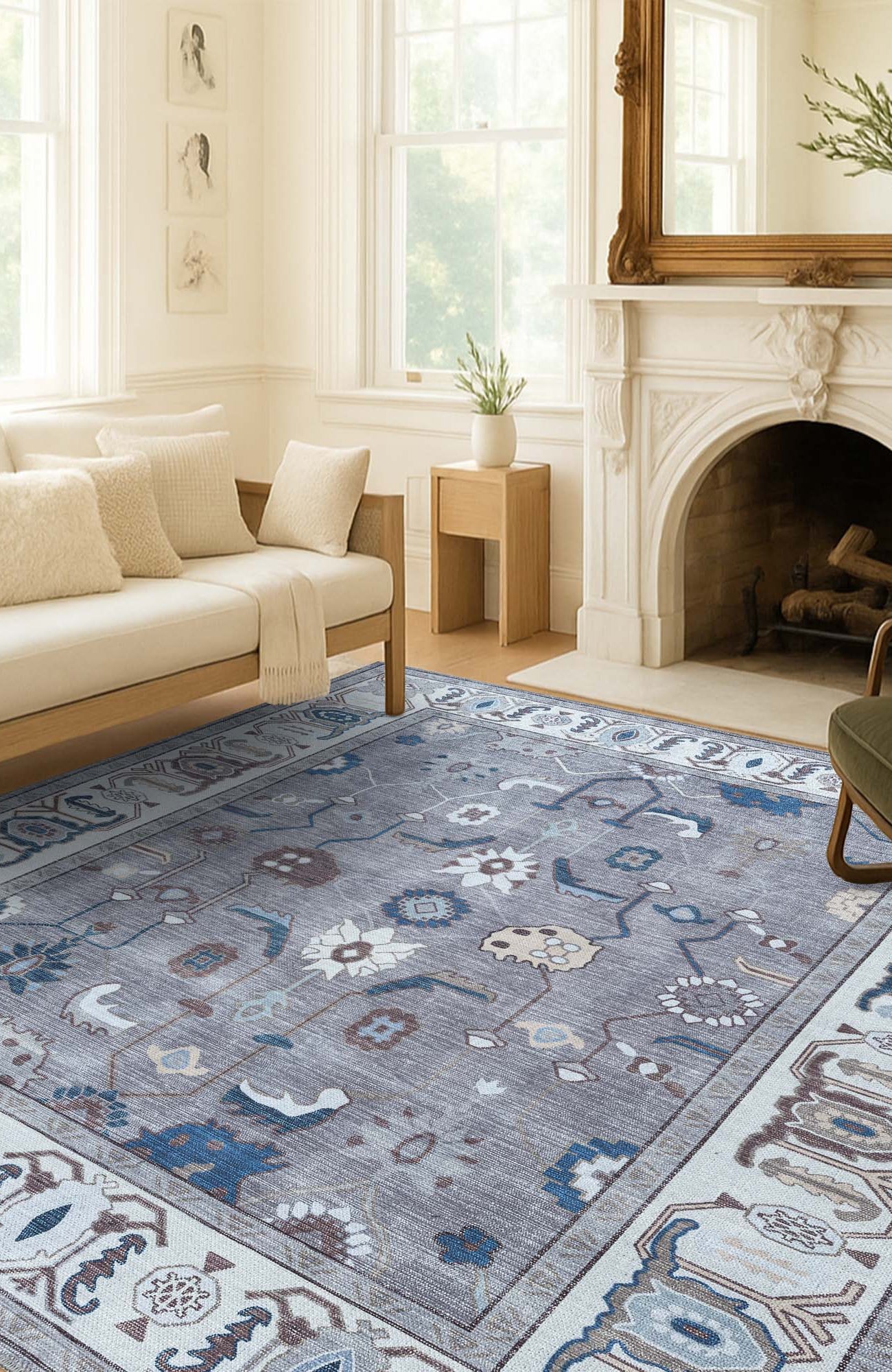 Naila Dark Gray Navy Blue Modern Oushak Rug