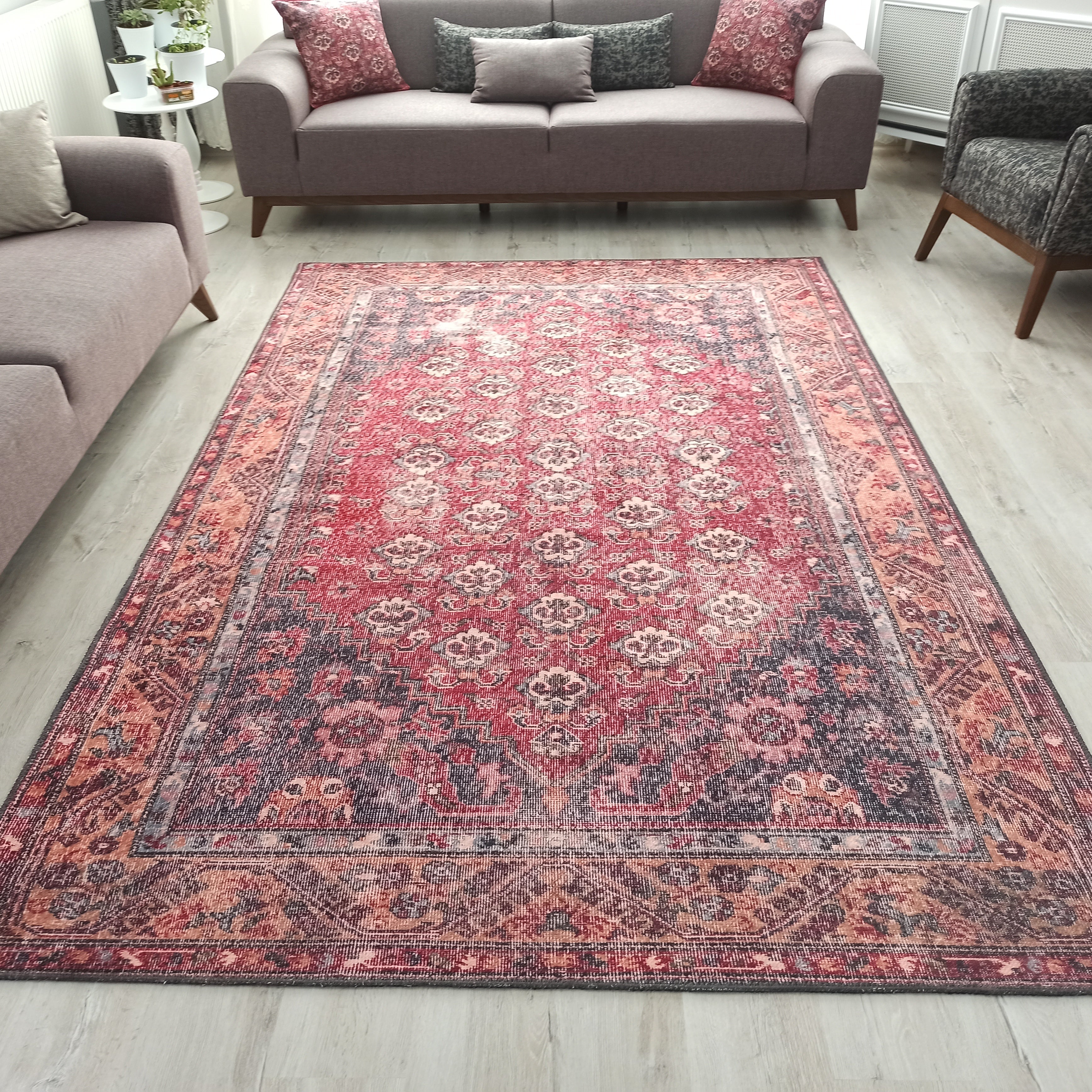 Nara Rug Turkish Red Orange Gray Rug