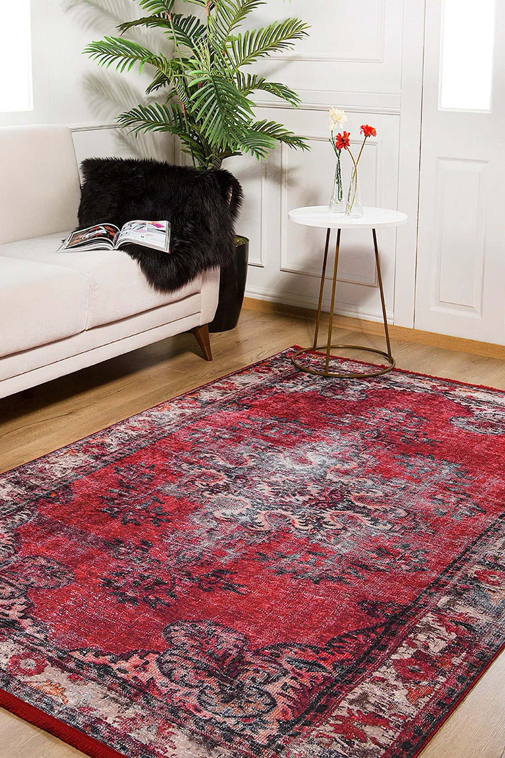 Nasma Turkish Distressed Red Rug