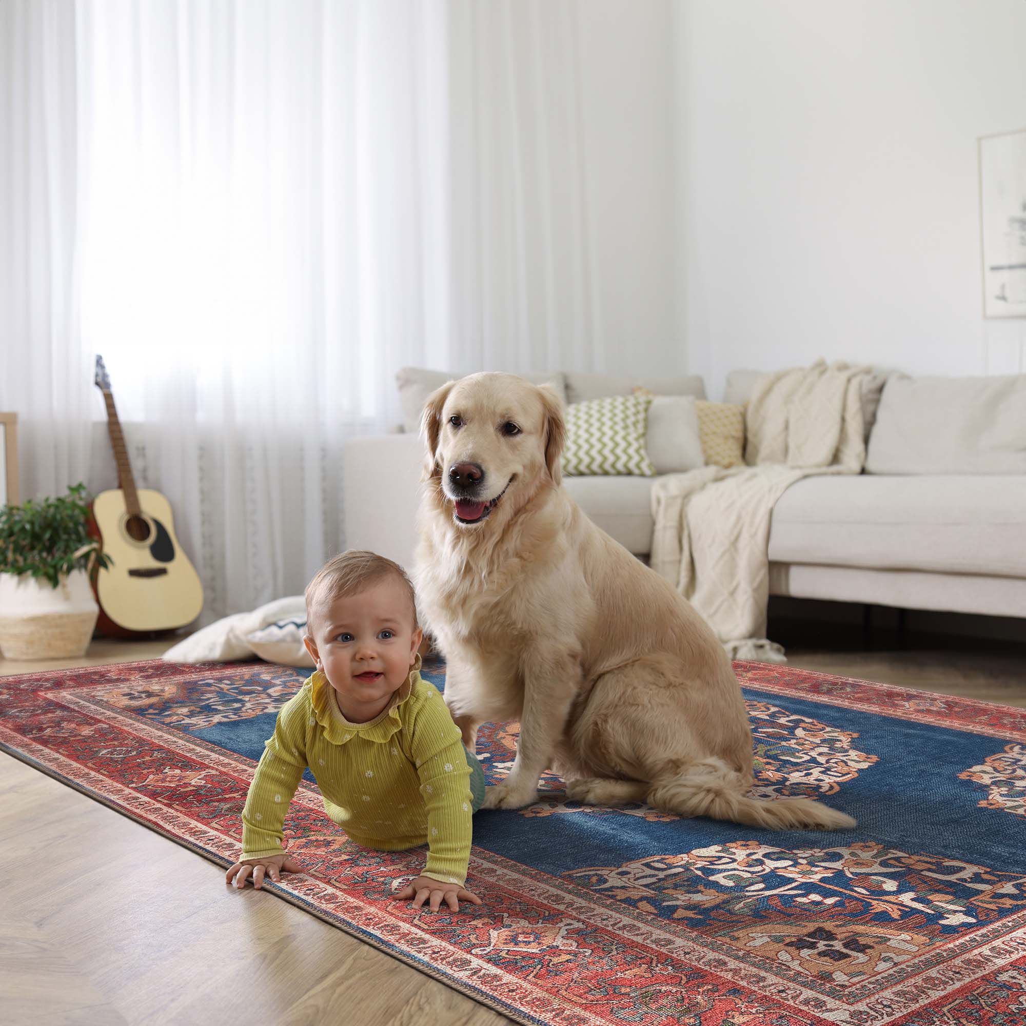 Navy Blue Brick Oushak Area Washable Rug