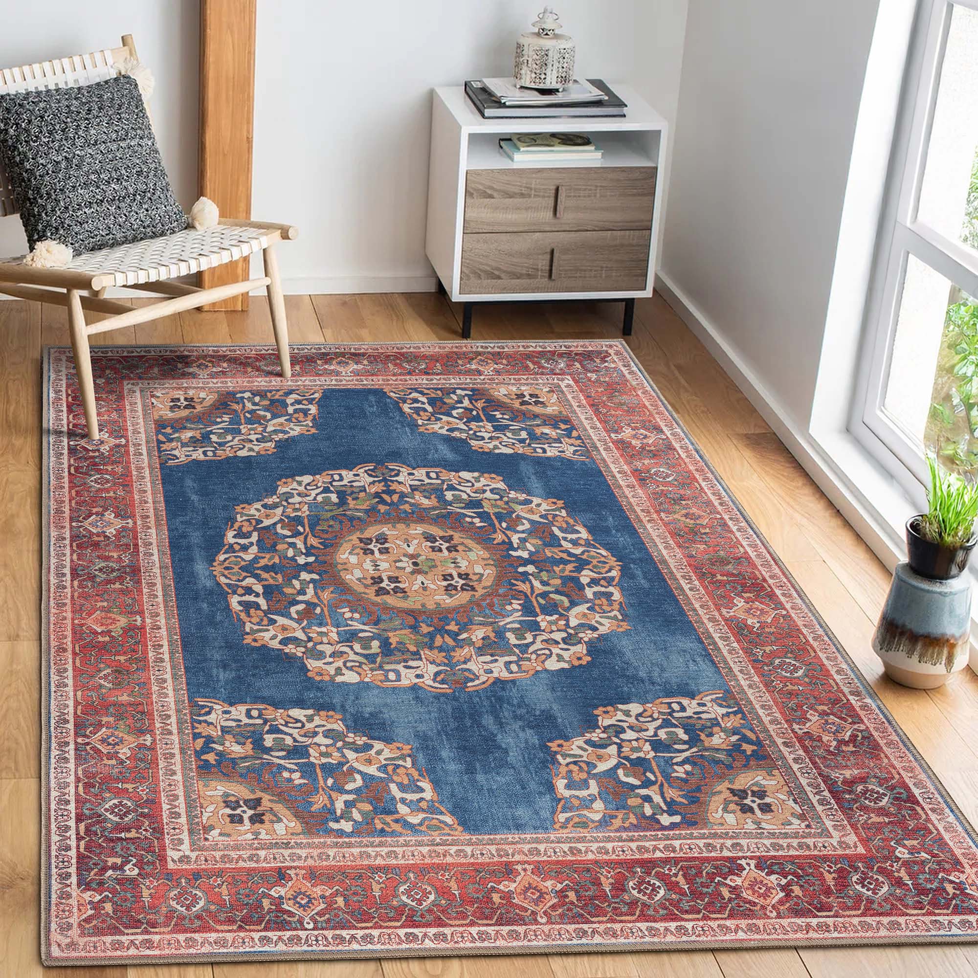 Navy Blue Brick Oushak Area Washable Rug