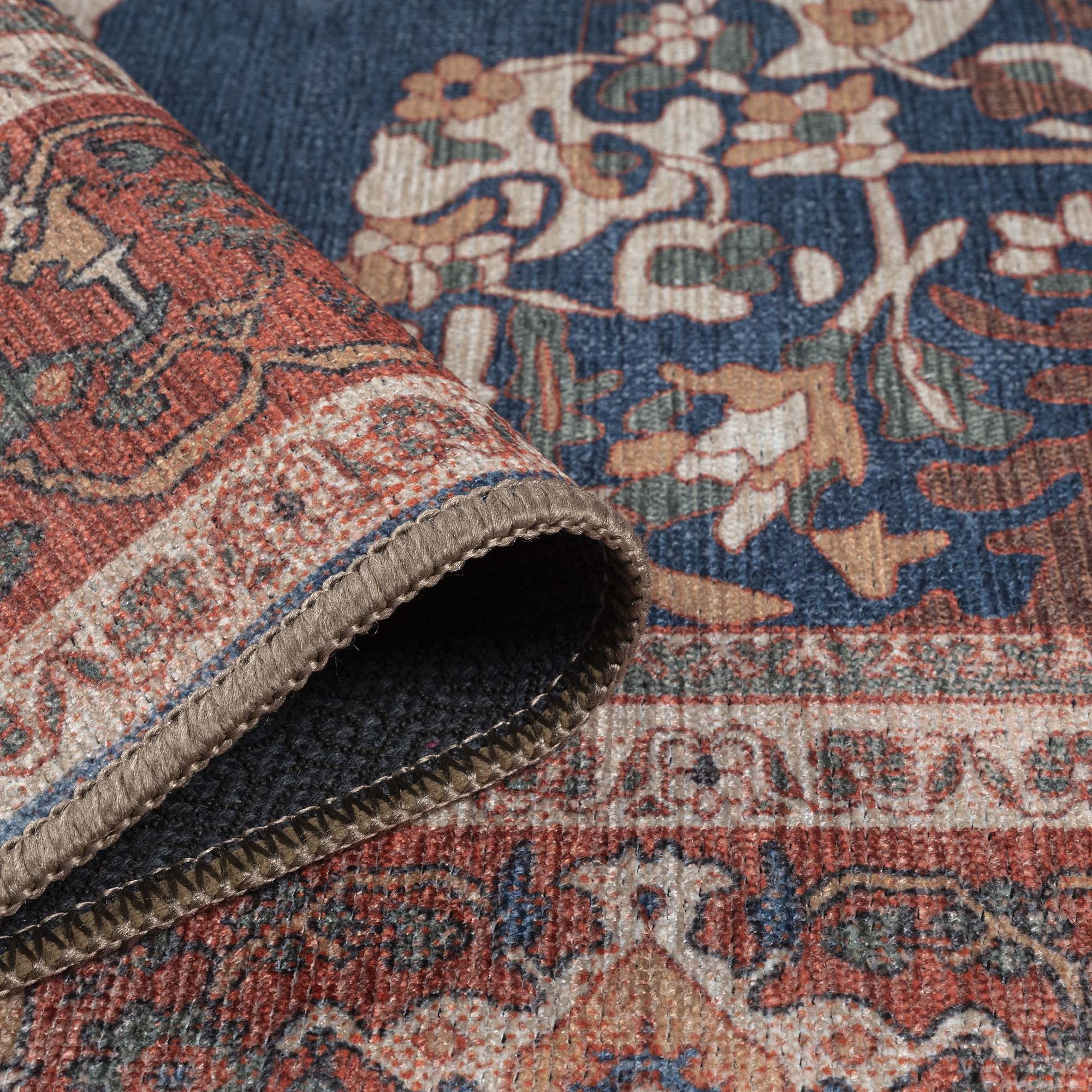 Navy Blue Brick Oushak Area Washable Rug