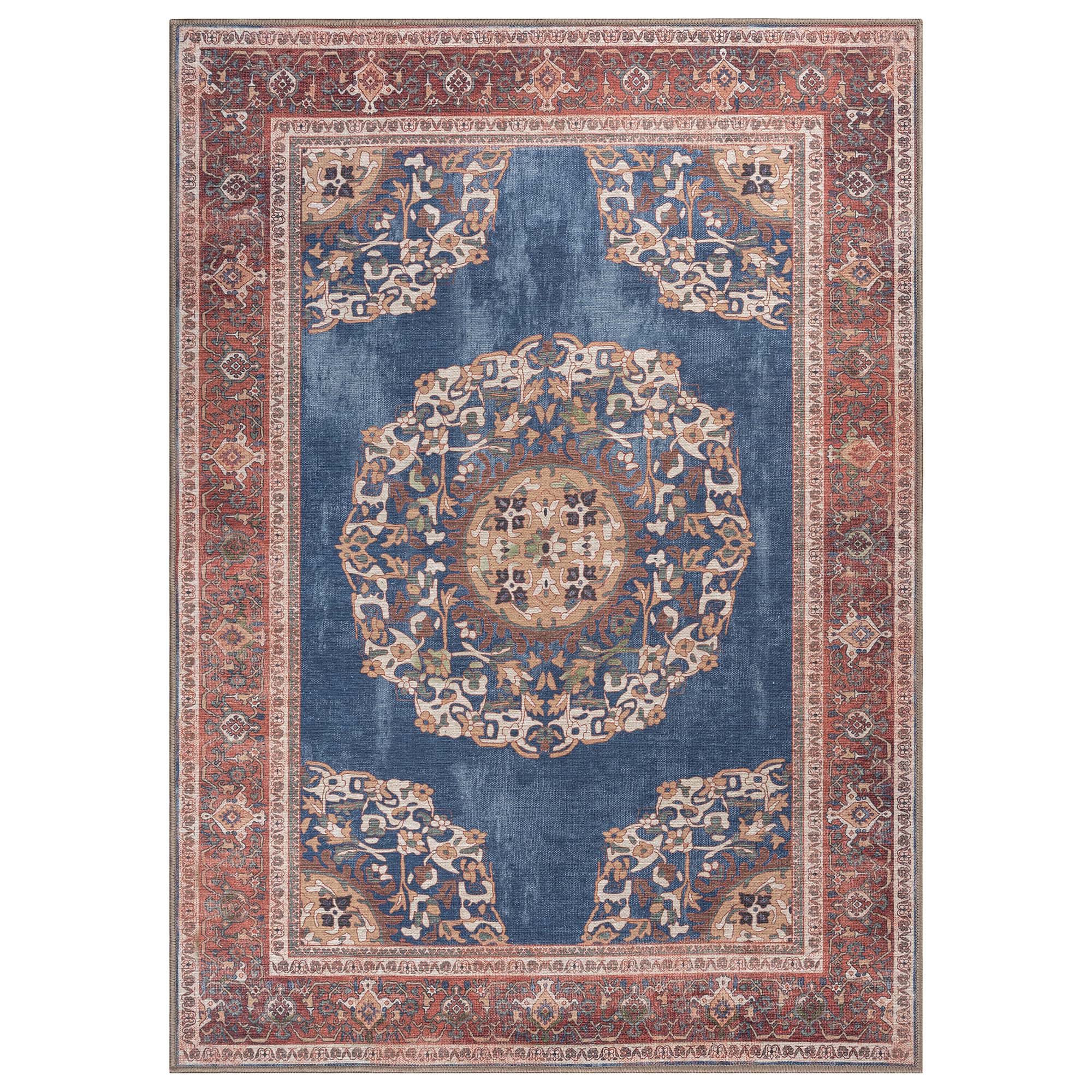 Navy Blue Brick Oushak Area Washable Rug