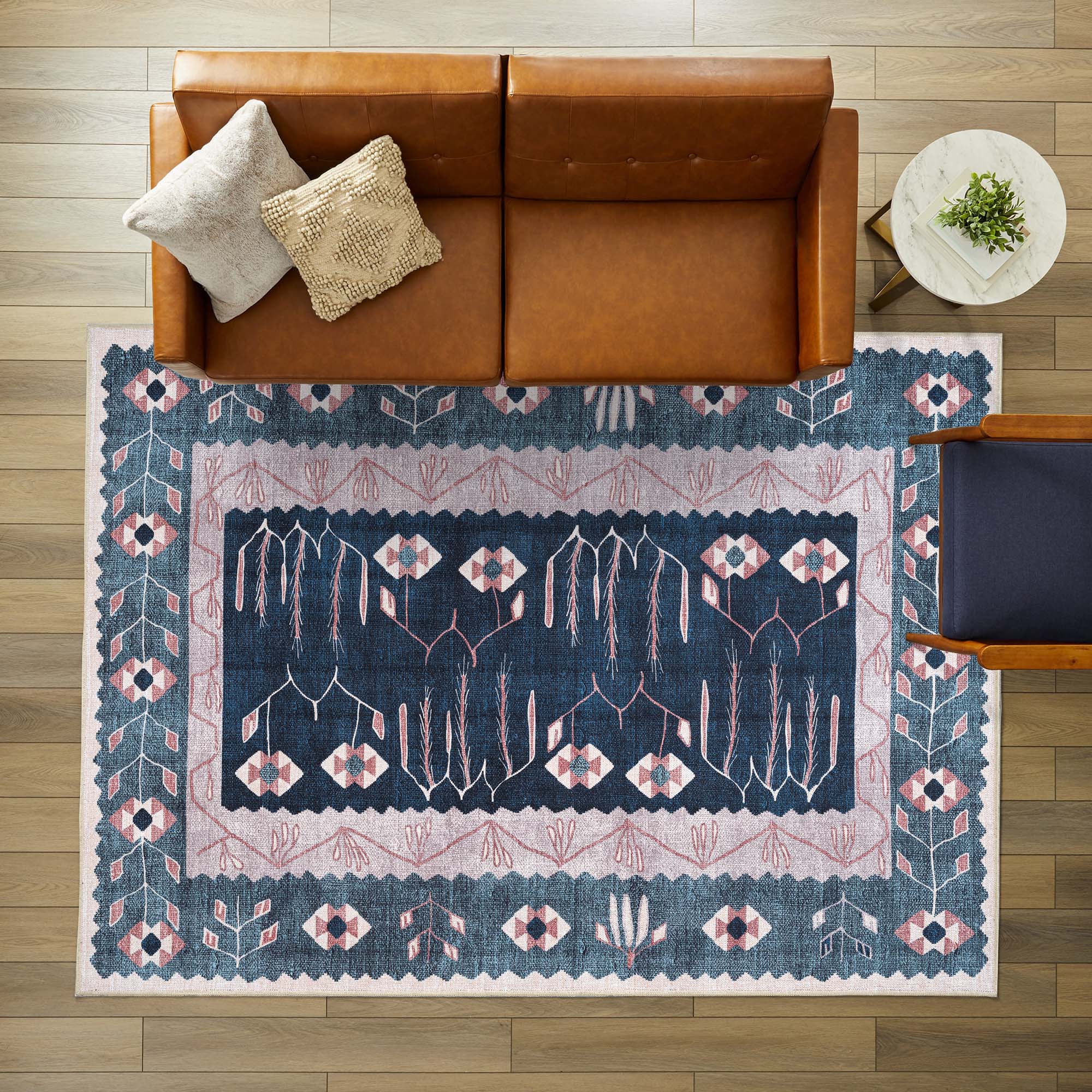 Marceline Navy Blue Floral Turkish Kilim Rug