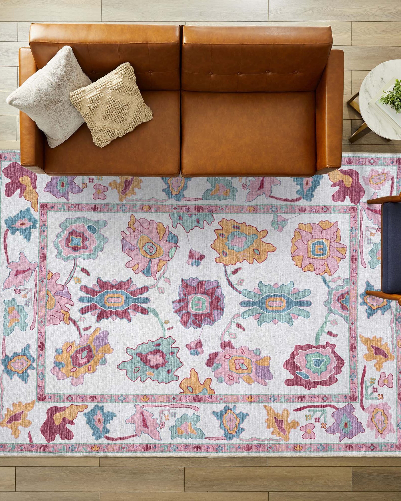 Florine Pastel Pink Orange Floral Oushak Rug