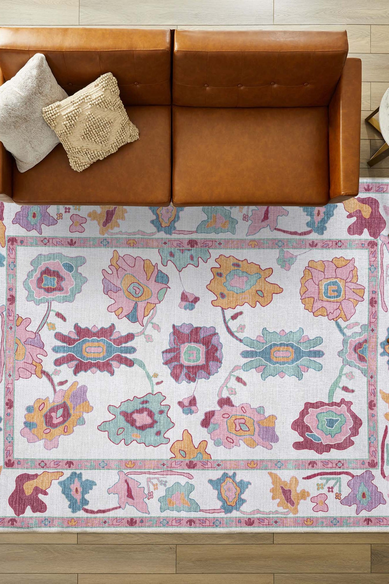 Florine Pastel Pink Orange Floral Oushak Rug