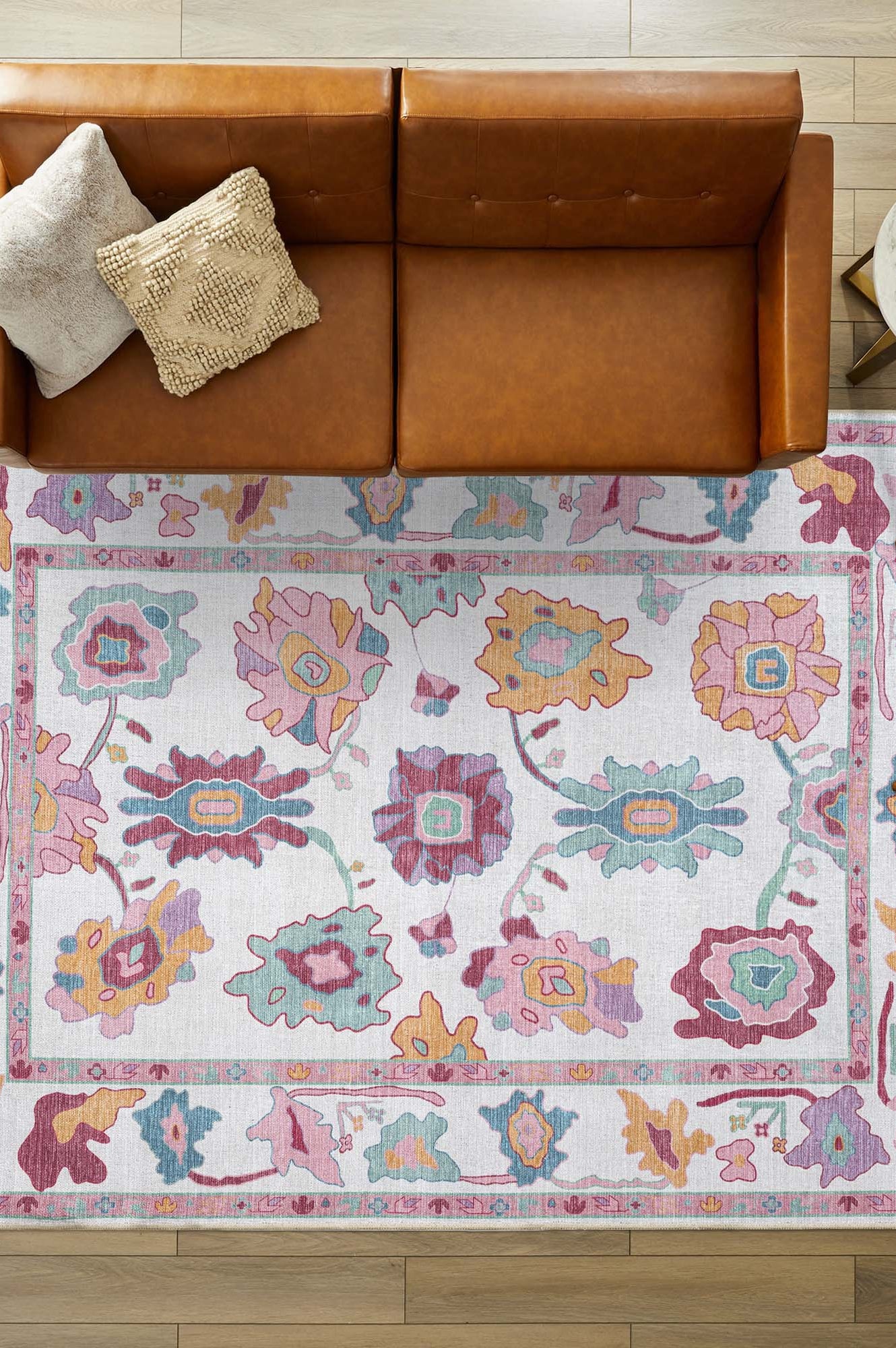 Florine Pastel Pink Orange Floral Oushak Rug