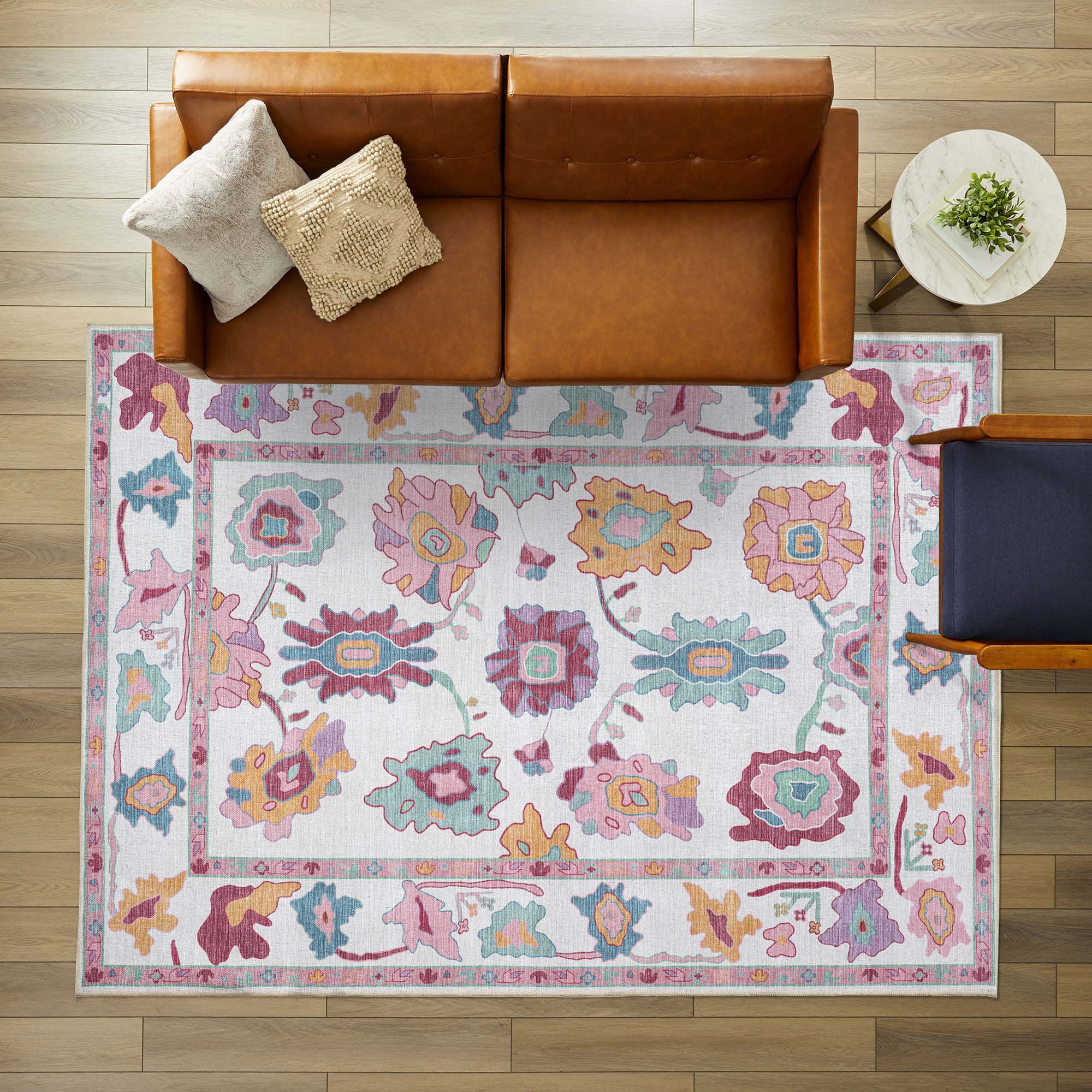 Florine Pastel Pink Orange Floral Oushak Rug