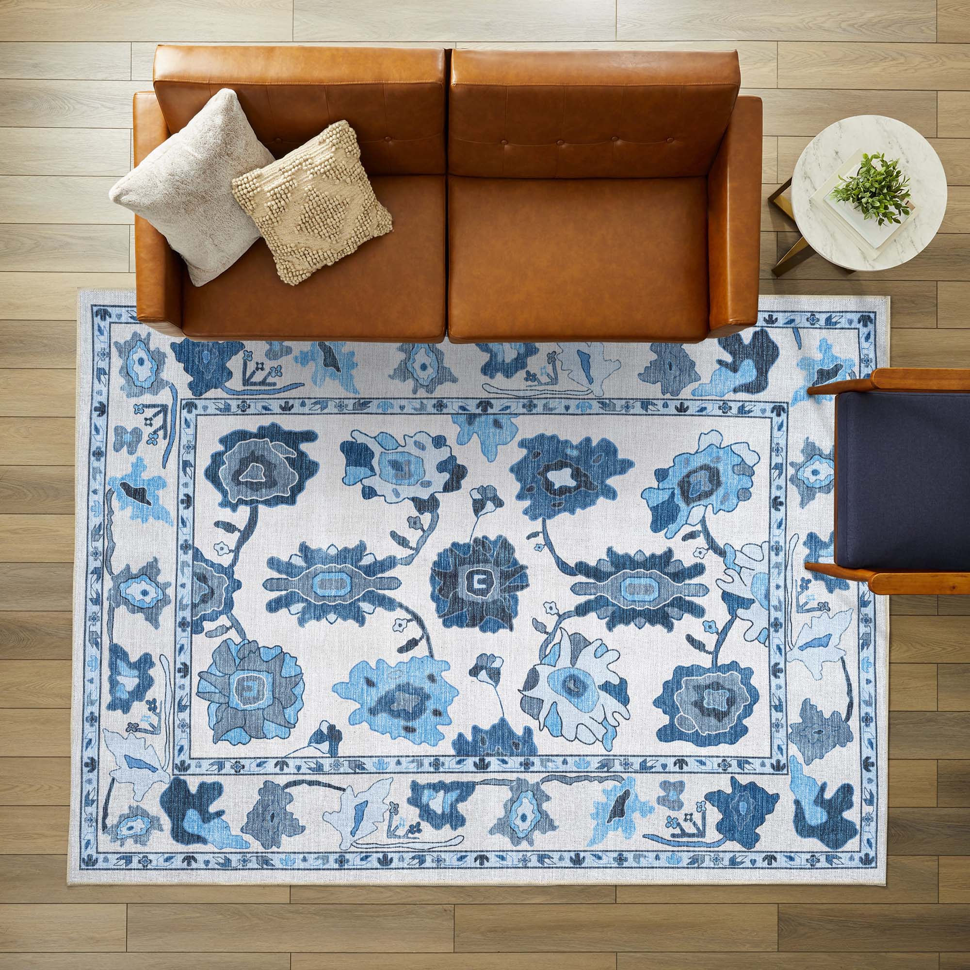 Ellis Navy Blue White Modern Floral Oushak Rug
