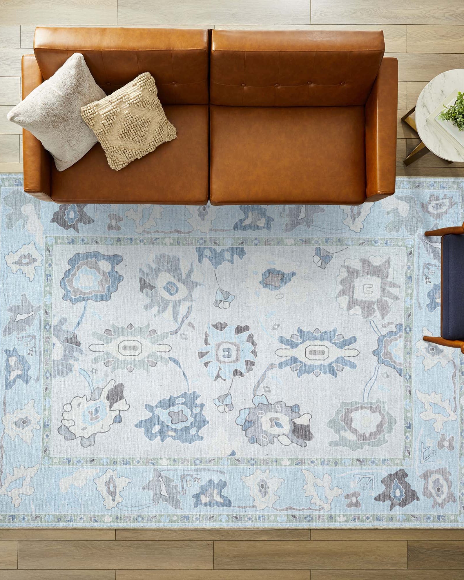 Pamira Cream Blue Floral Modern Oushak Rug