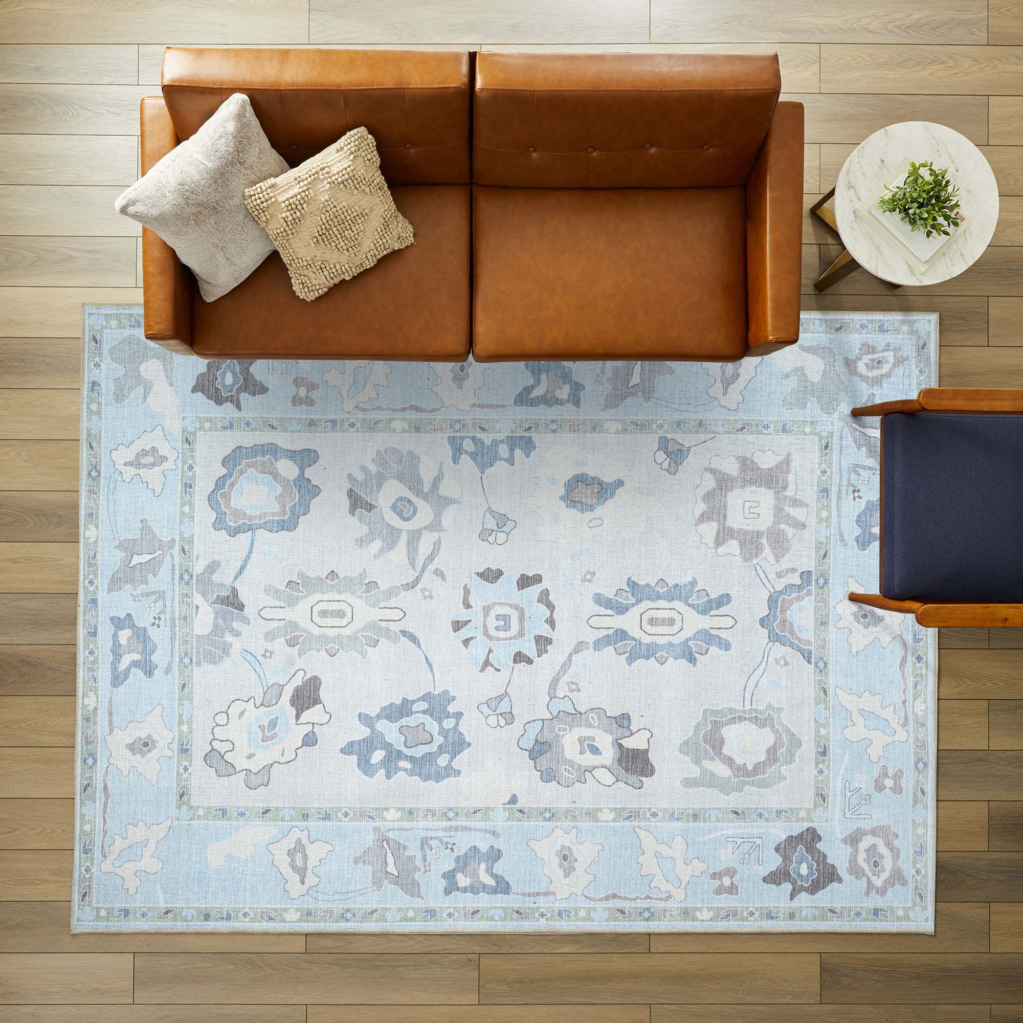 Pamira Cream Blue Floral Modern Oushak Rug