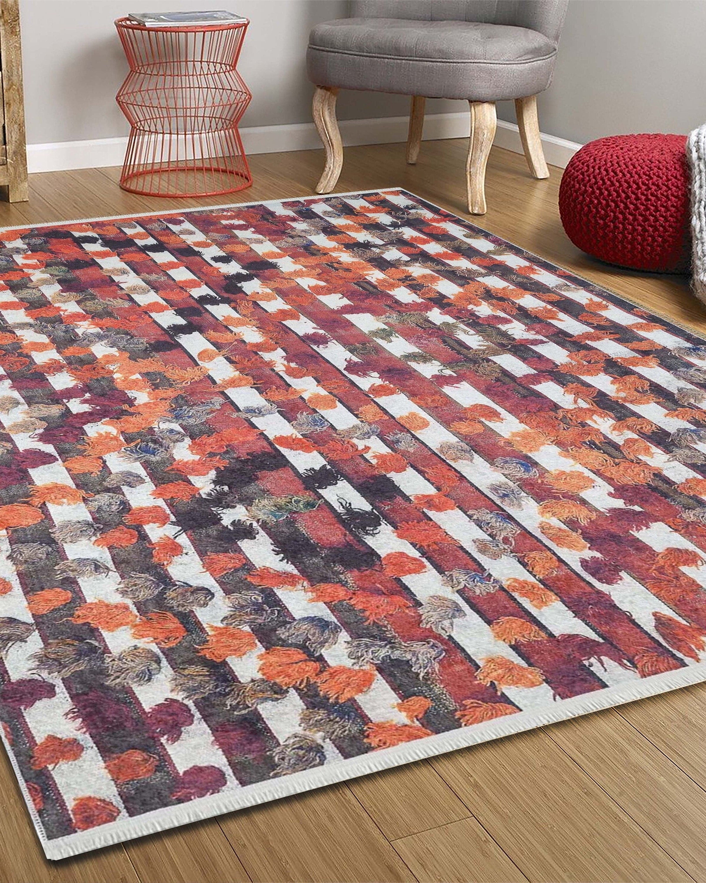 Orangi Turkish Checkered Pom Poms Orange Black Rug