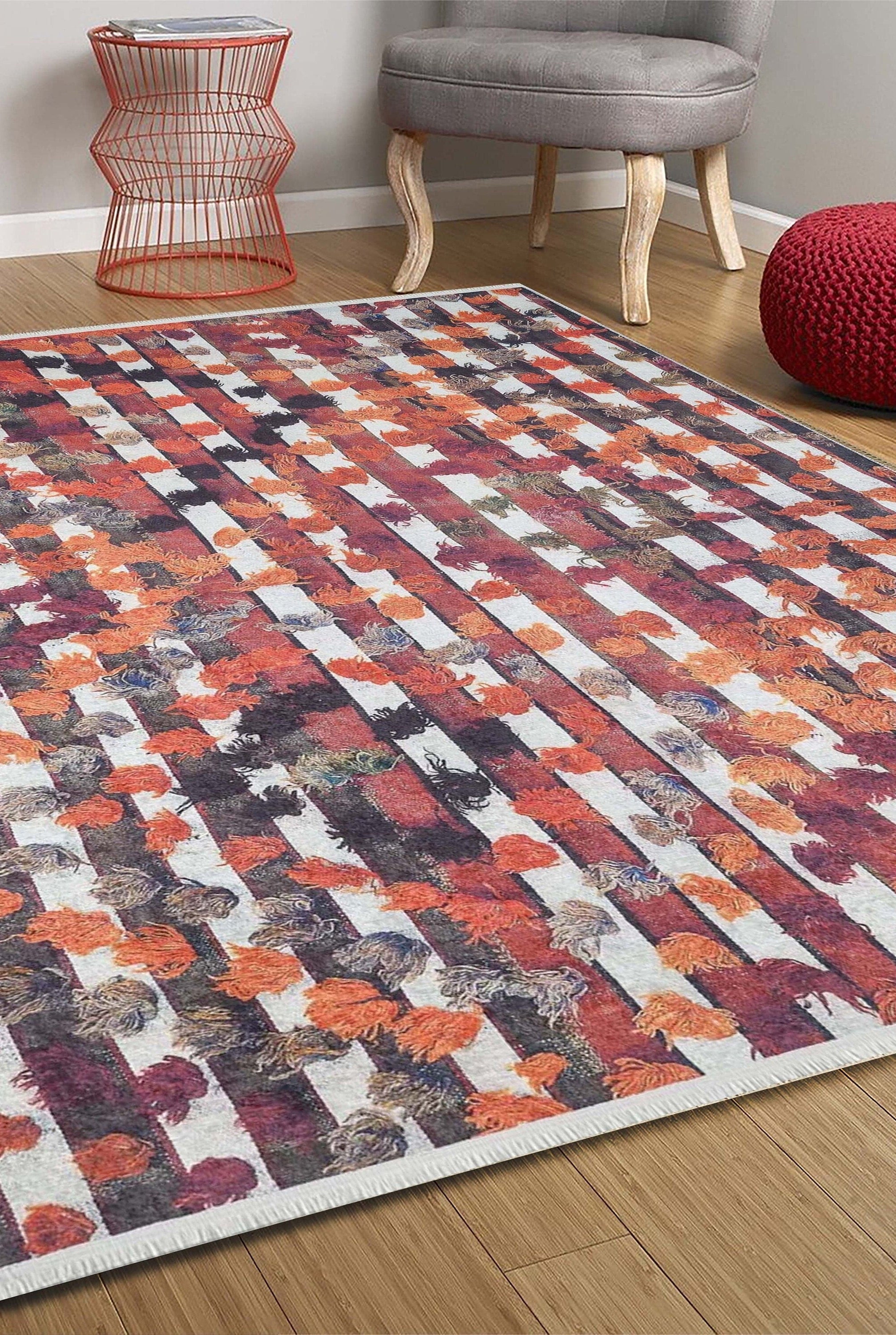 Orangi Turkish Checkered Pom Poms Orange Black Rug