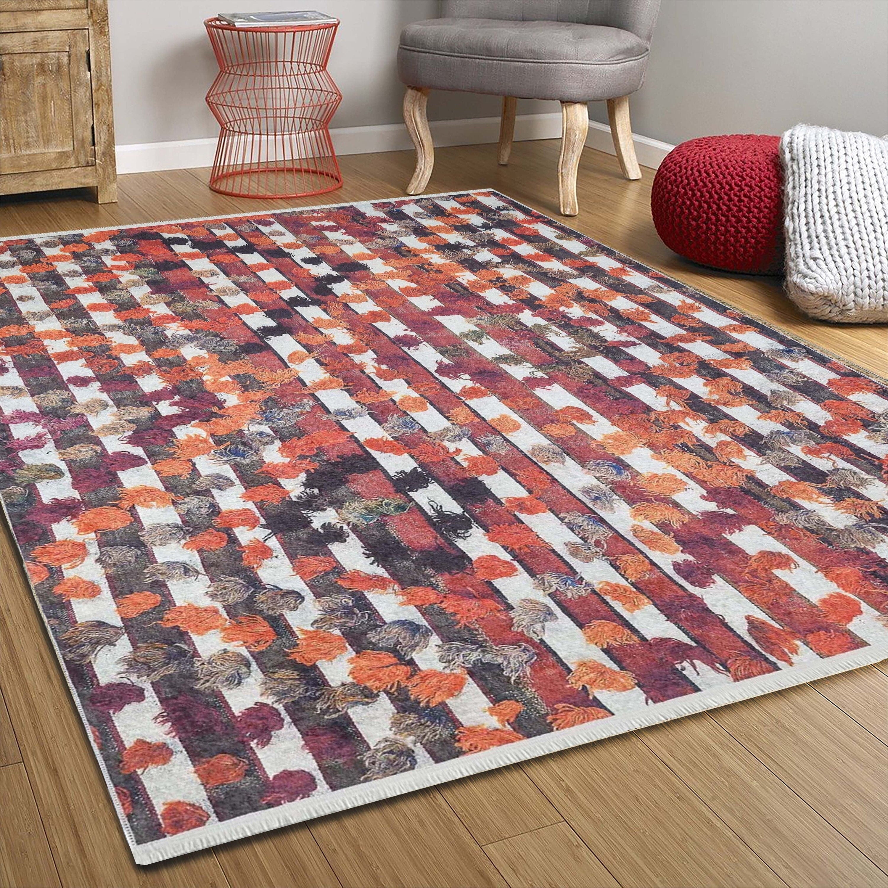 Orangi Turkish Checkered Pom Poms Orange Black Rug