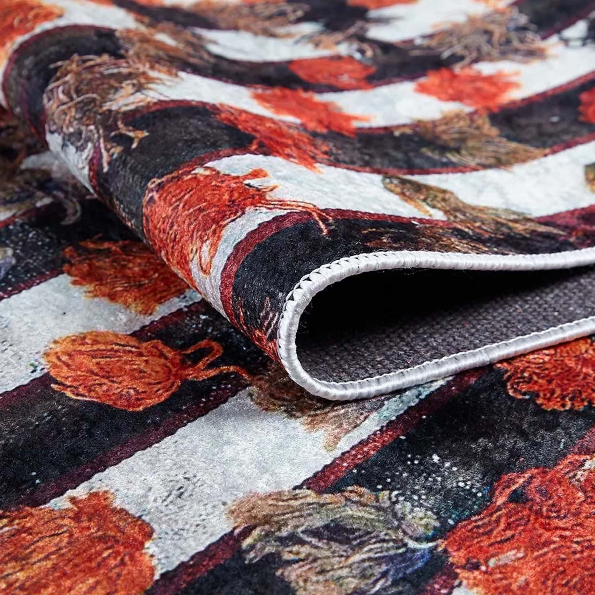 Orangi Turkish Checkered Pom Poms Orange Black Rug