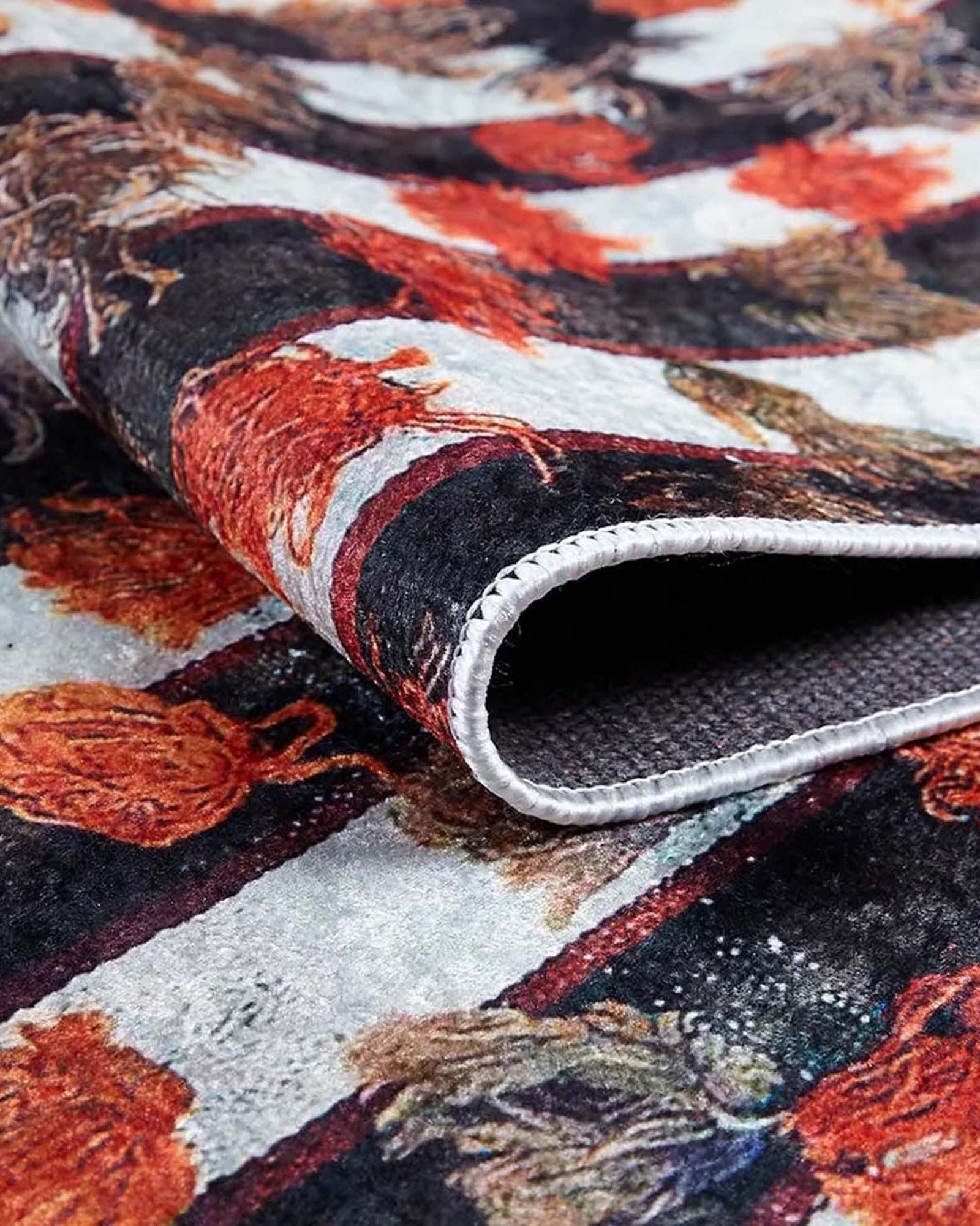 Orangi Turkish Checkered Pom Poms Orange Black Rug