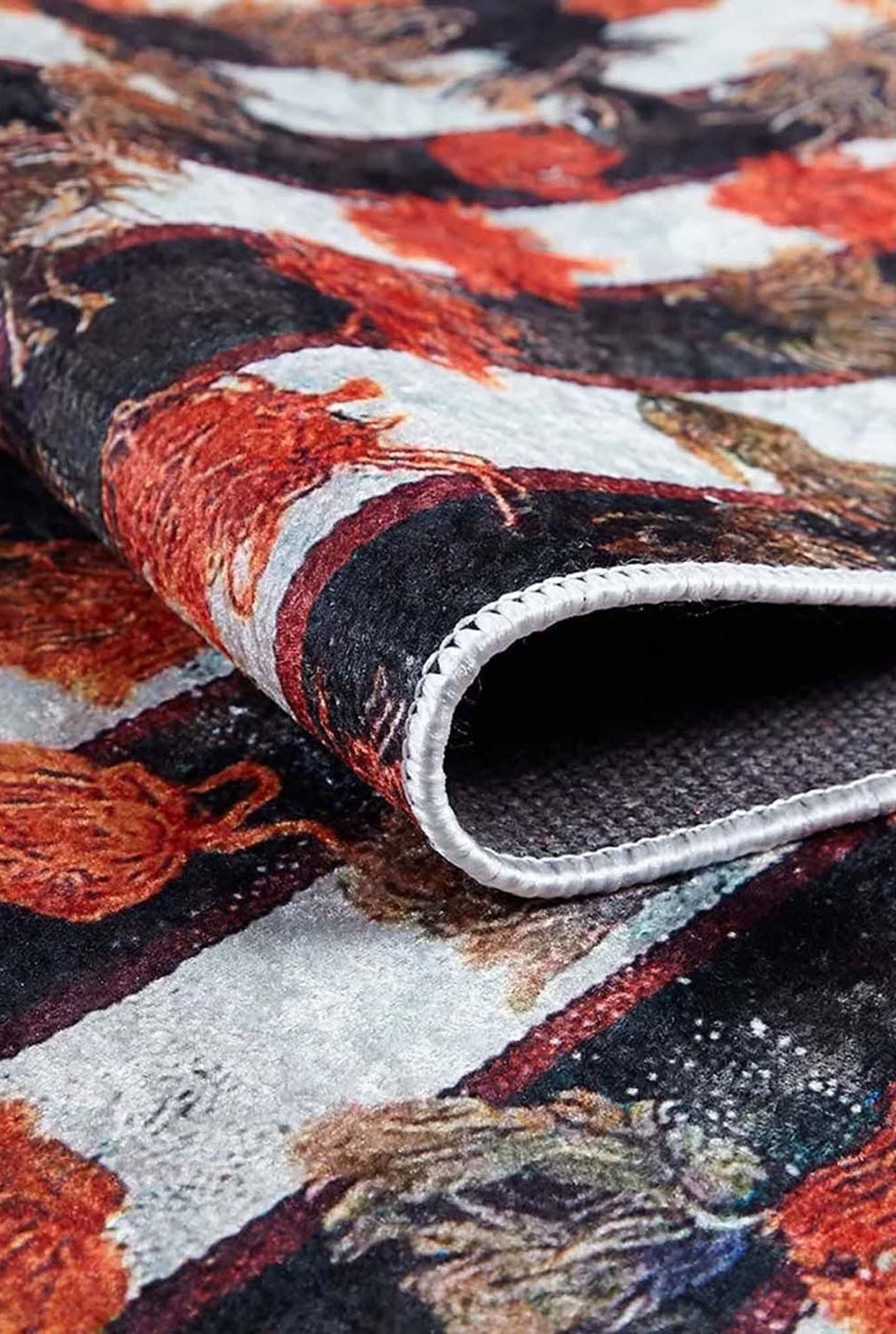 Orangi Turkish Checkered Pom Poms Orange Black Rug