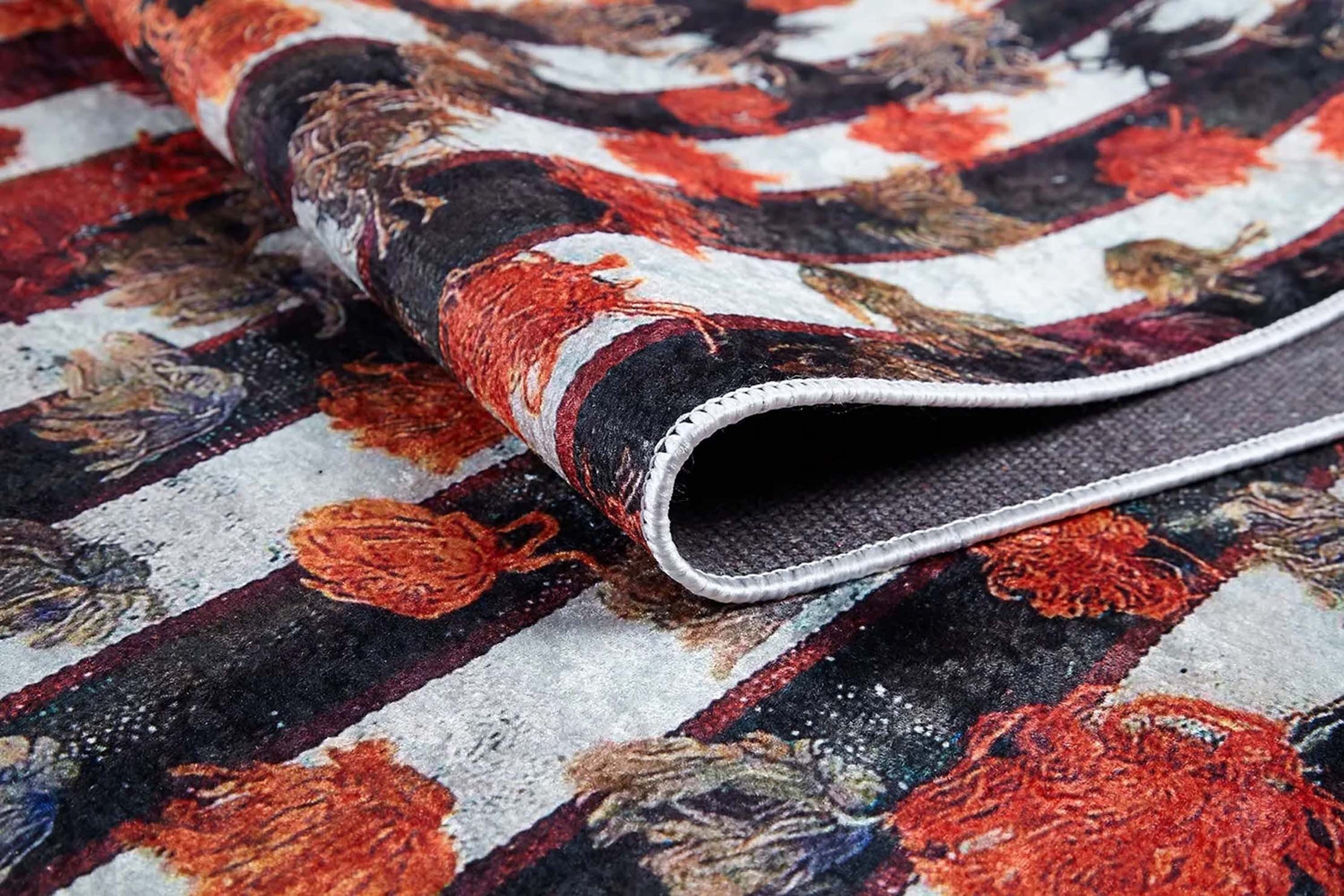 Orangi Turkish Checkered Pom Poms Orange Black Rug