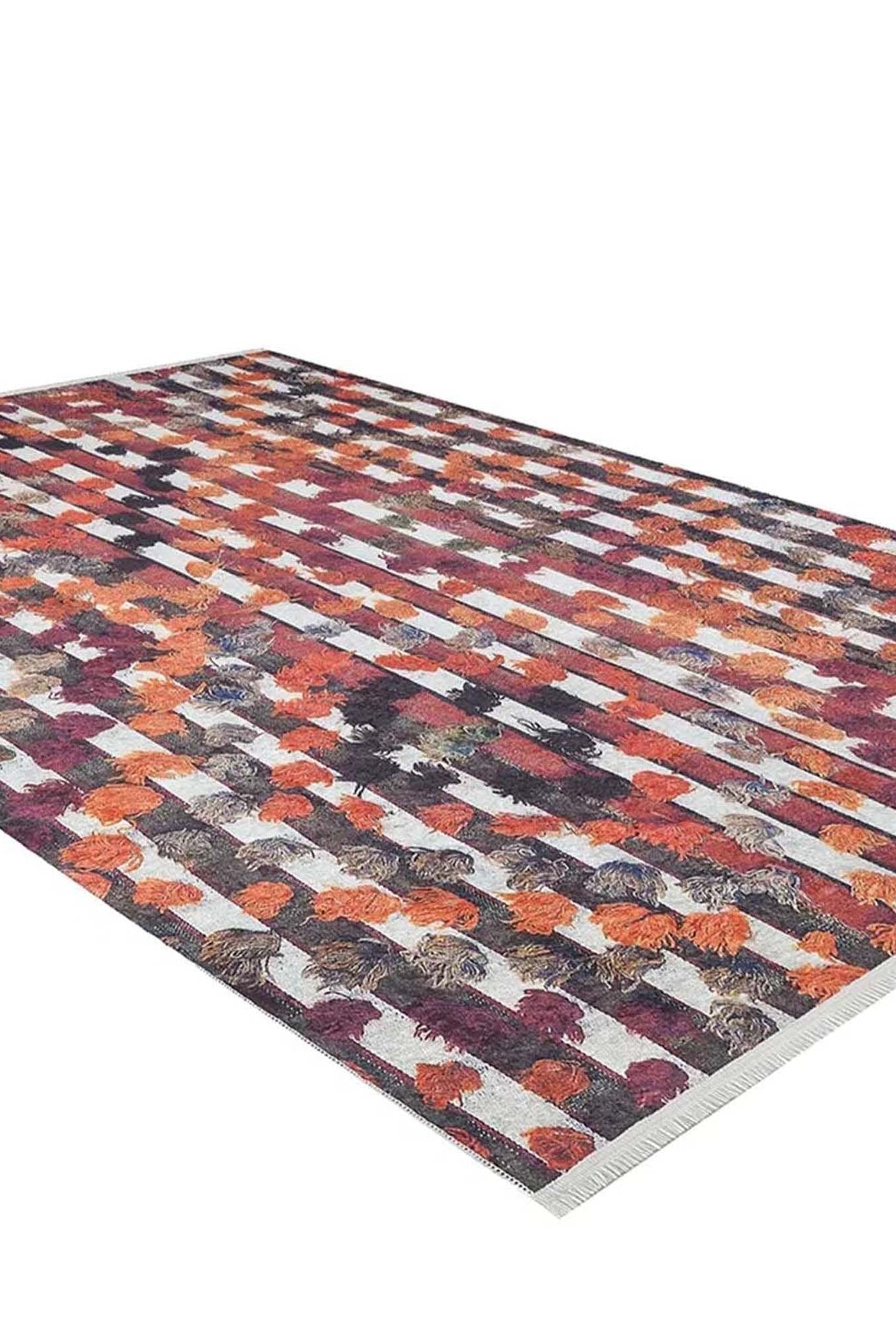 Orangi Turkish Checkered Pom Poms Orange Black Rug