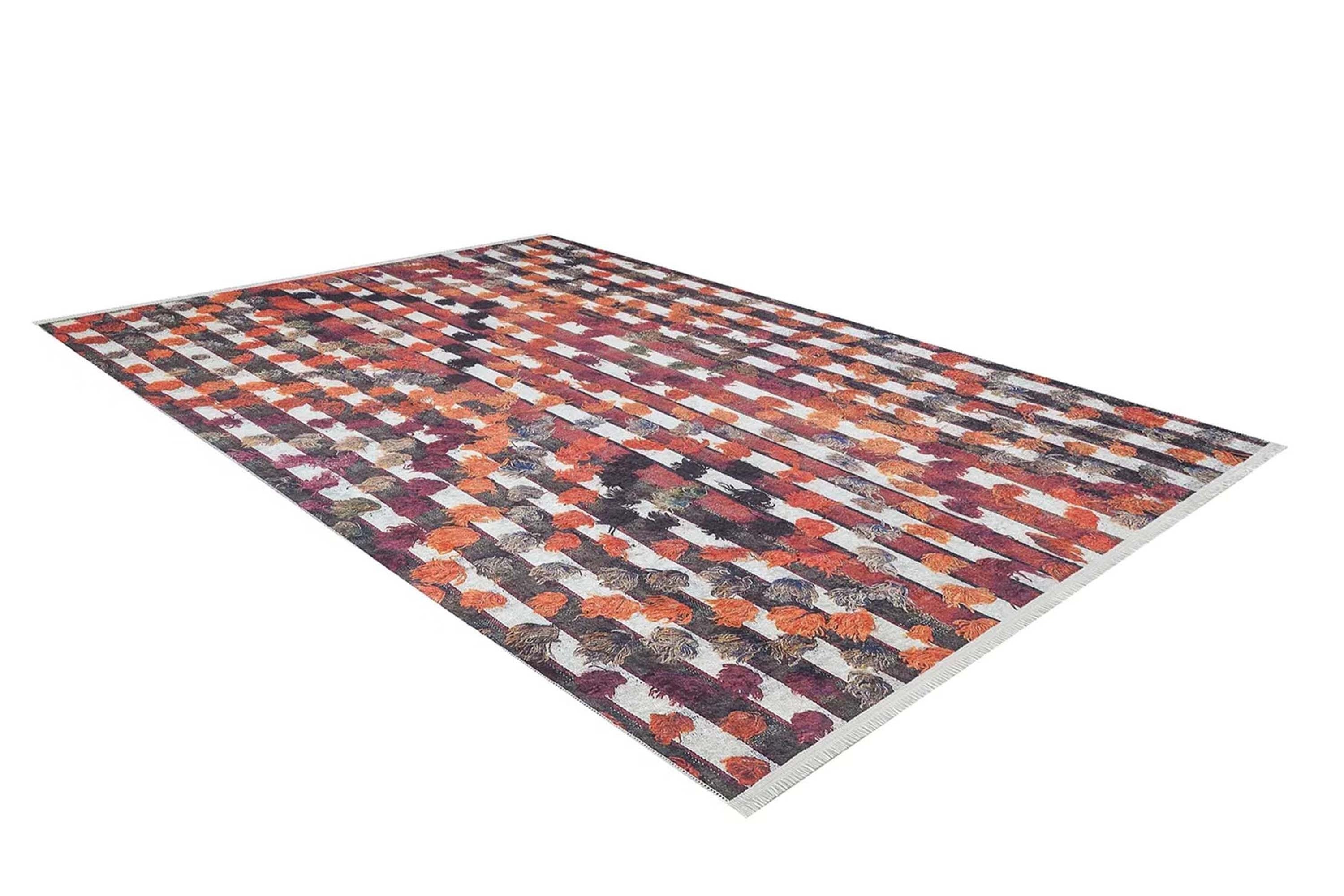 Orangi Turkish Checkered Pom Poms Orange Black Rug