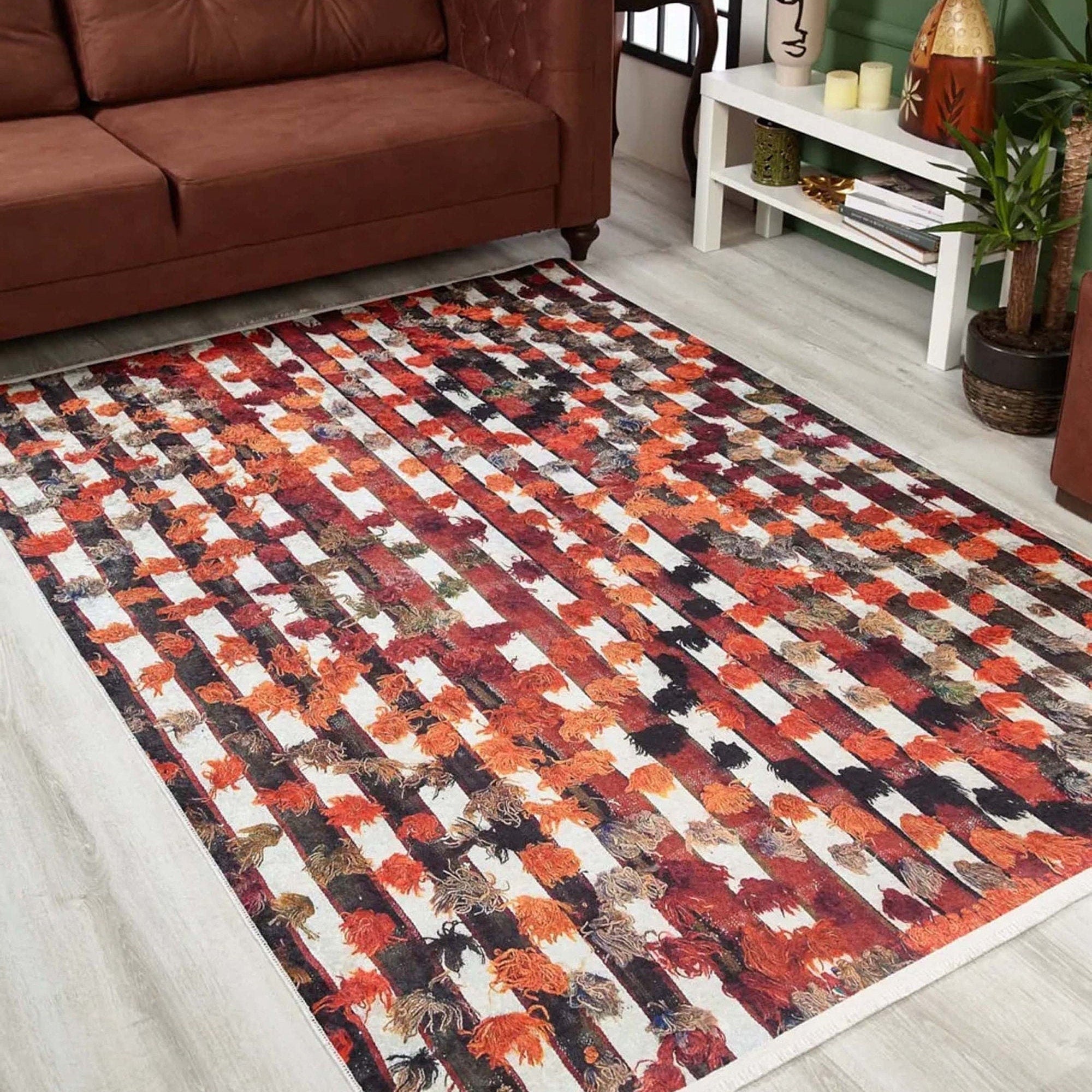 Orangi Turkish Checkered Pom Poms Orange Black Rug