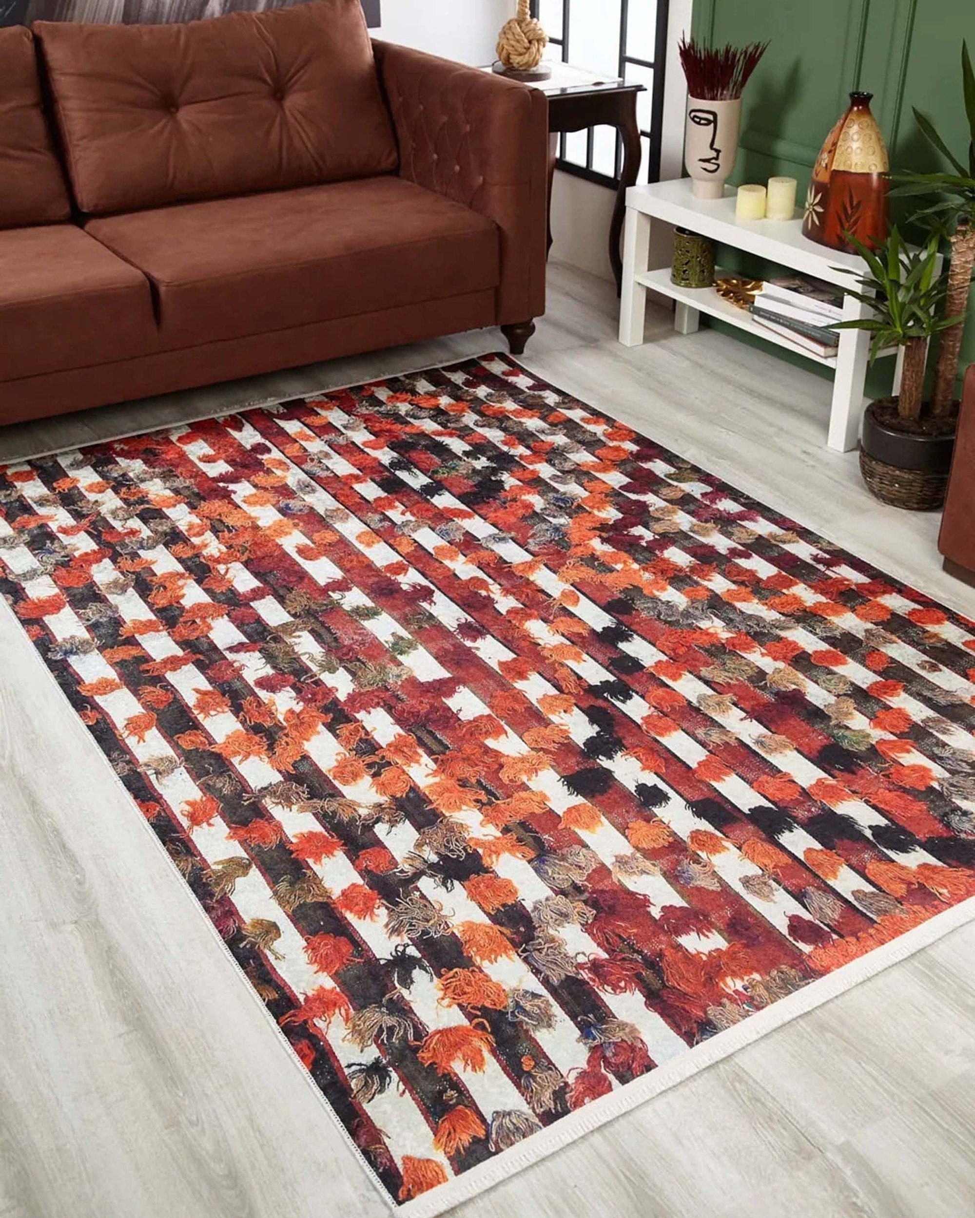 Orangi Turkish Checkered Pom Poms Orange Black Rug