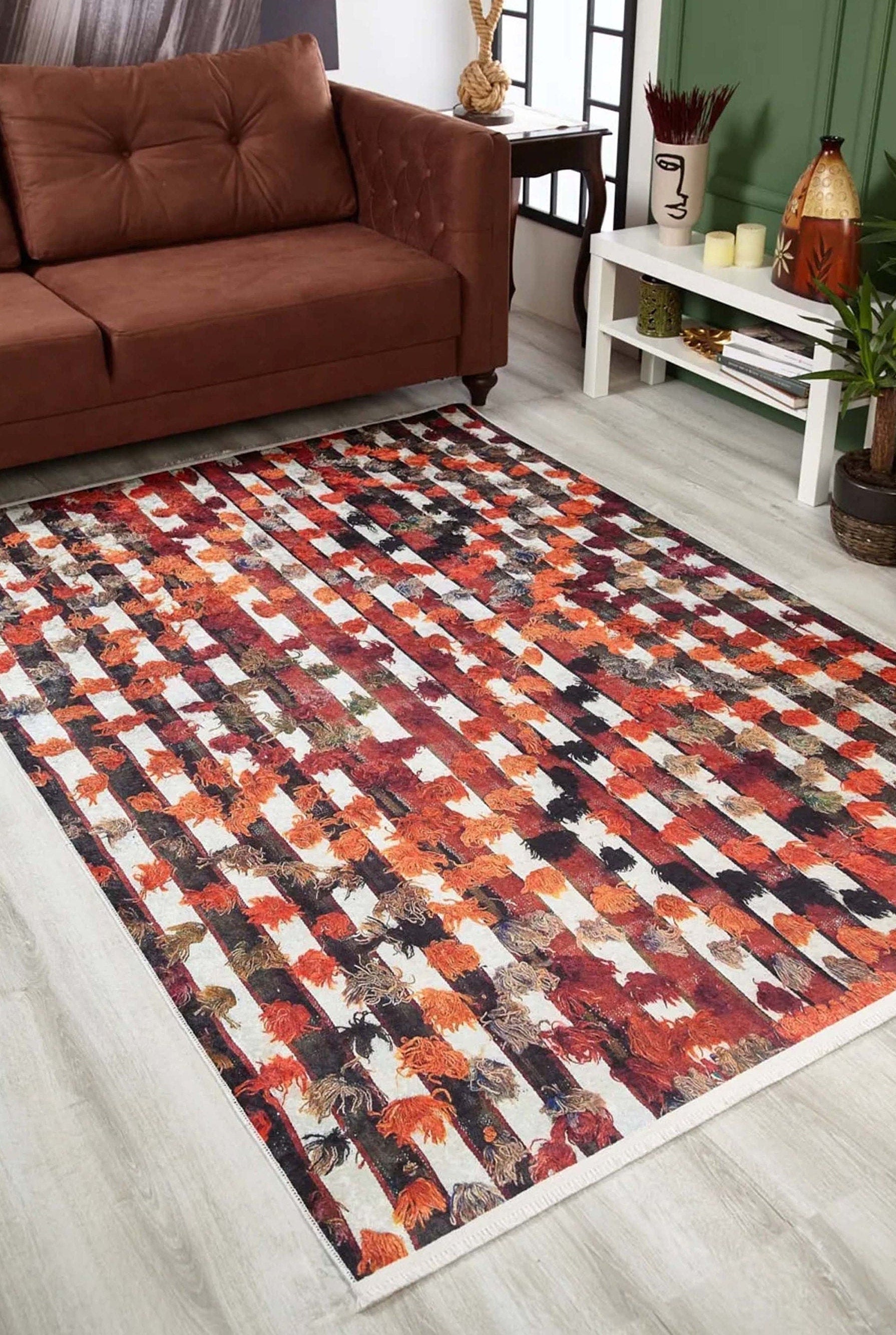 Orangi Turkish Checkered Pom Poms Orange Black Rug