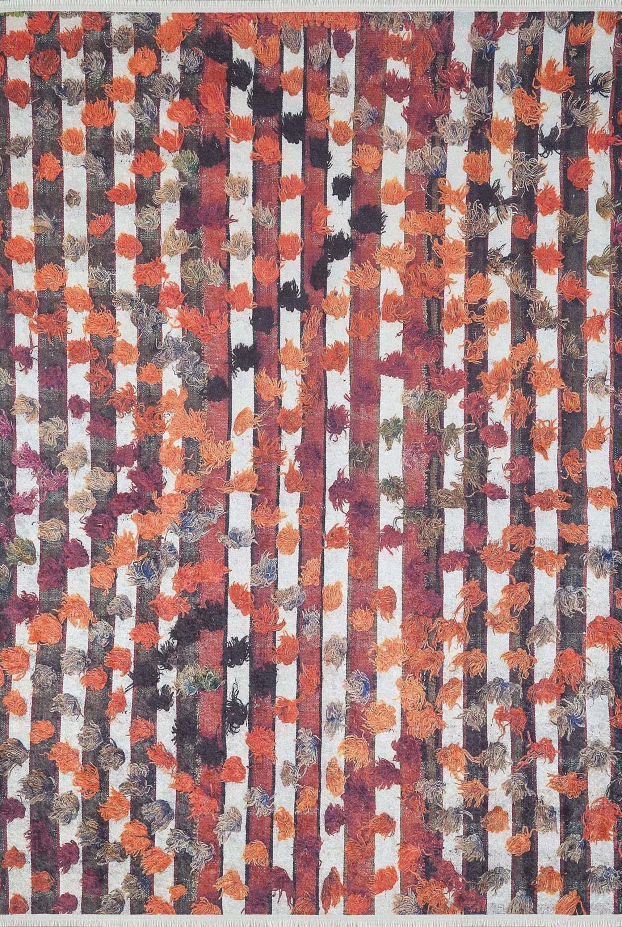 Orangi Turkish Checkered Pom Poms Orange Black Rug
