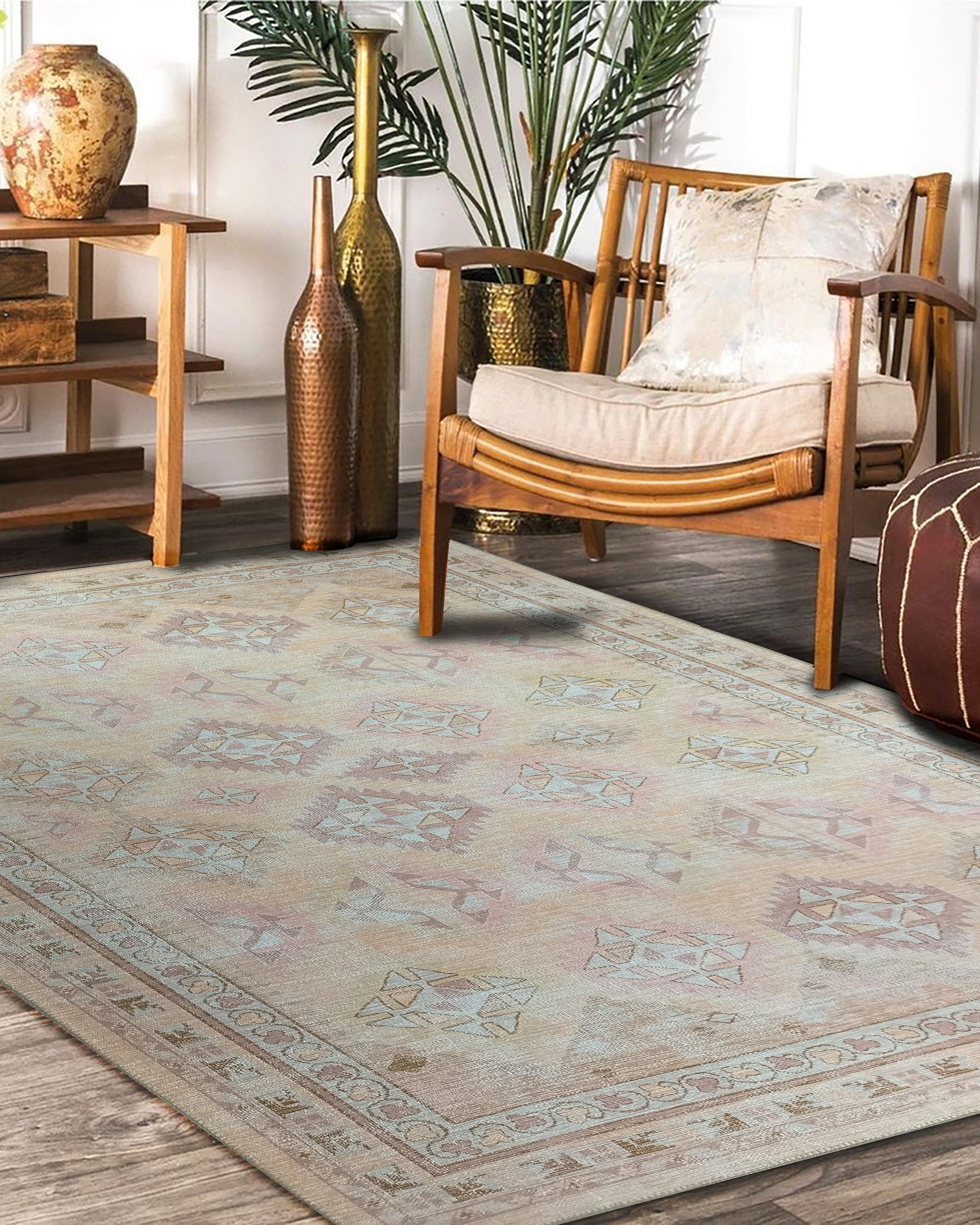Raisanna Pale Brown Beige Herki Vintage Rug