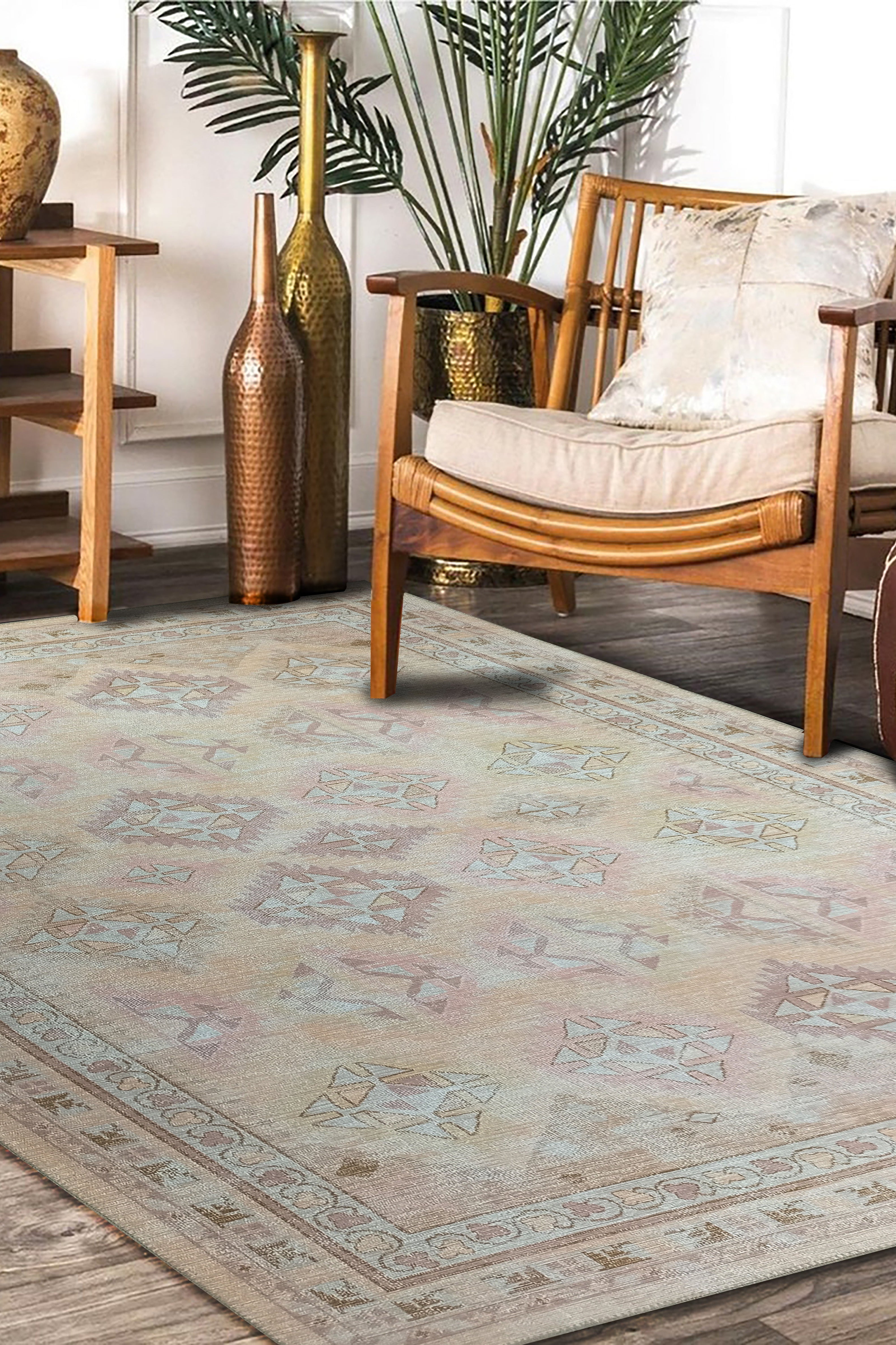 Raisanna Pale Brown Beige Herki Vintage Rug