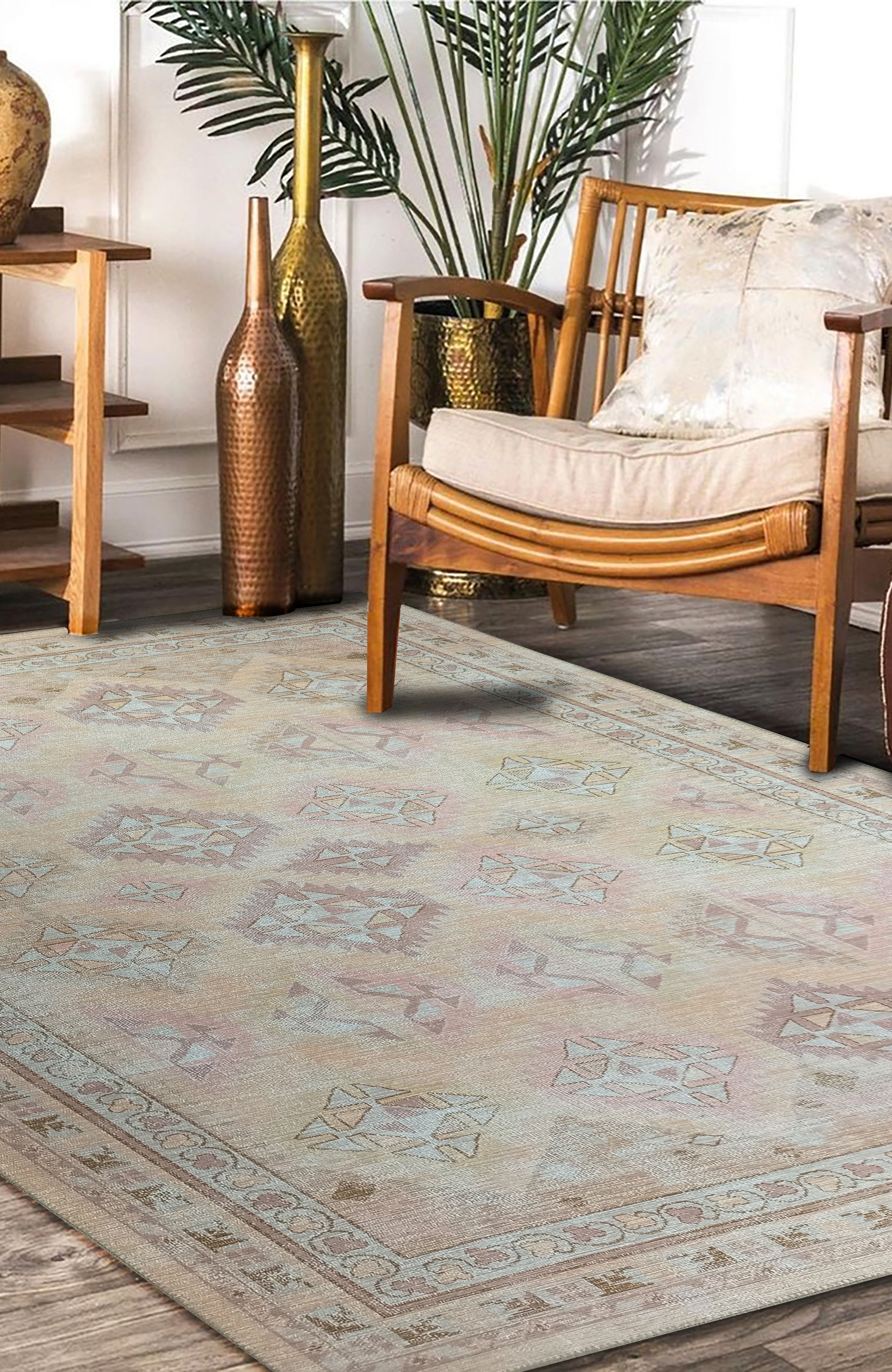 Raisanna Pale Brown Beige Herki Vintage Rug