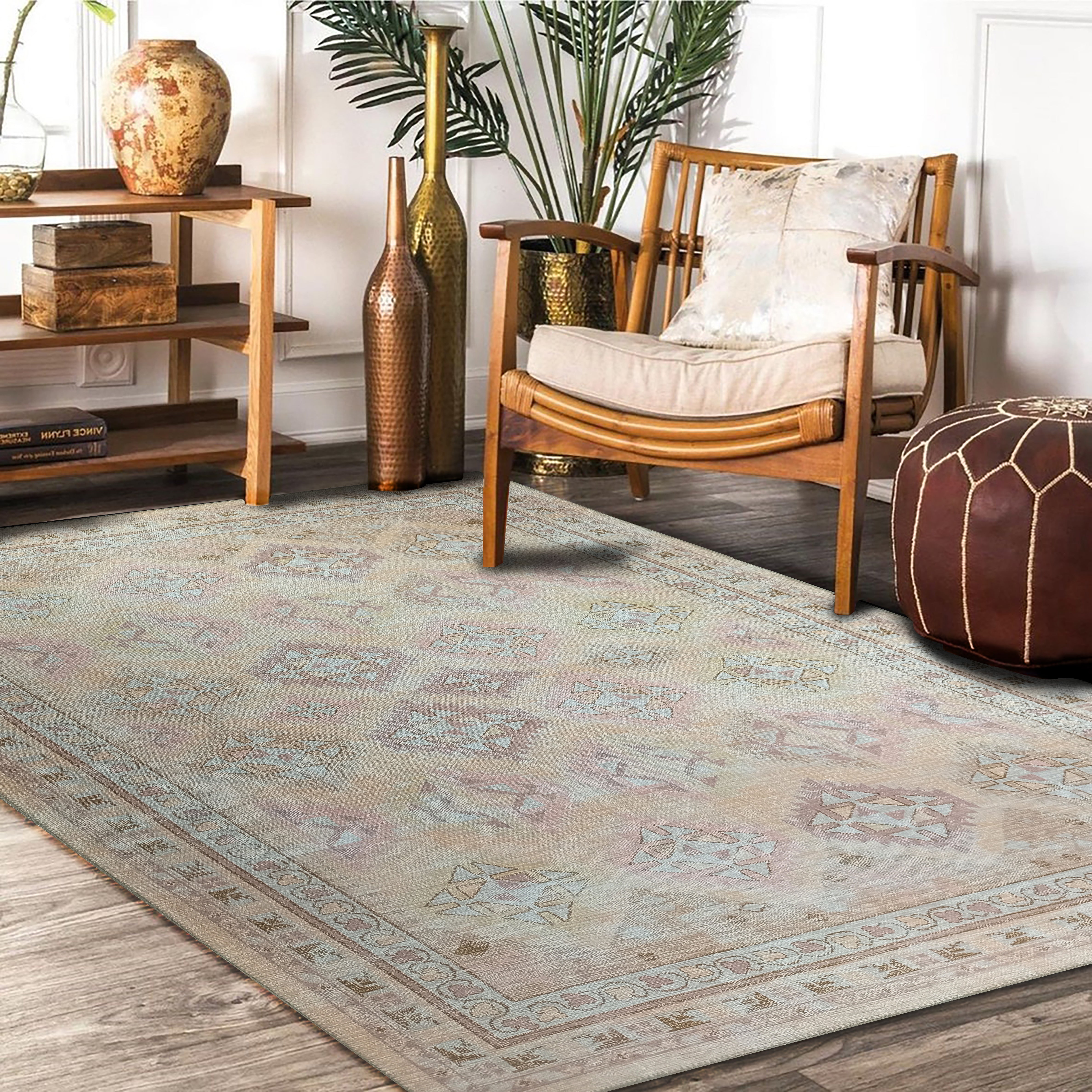 Raisanna Pale Brown Beige Herki Vintage Rug