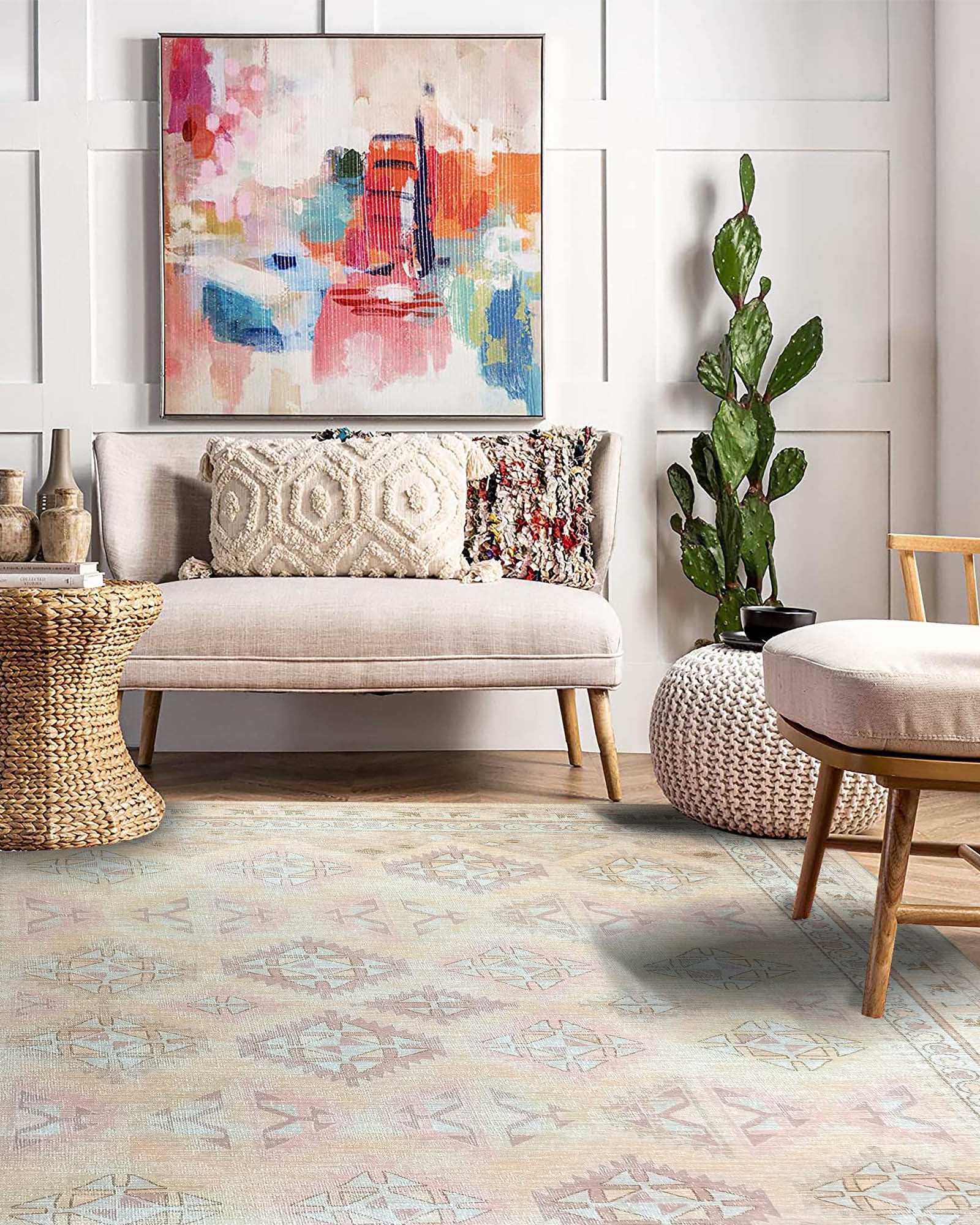 Raisanna Pale Brown Beige Herki Vintage Rug