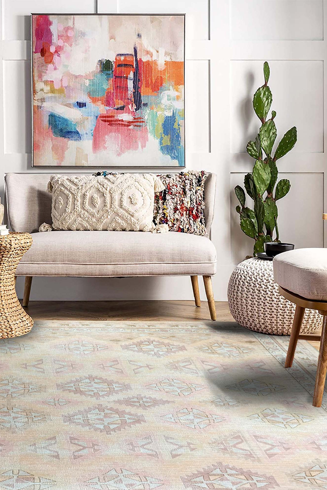 Raisanna Pale Brown Beige Herki Vintage Rug