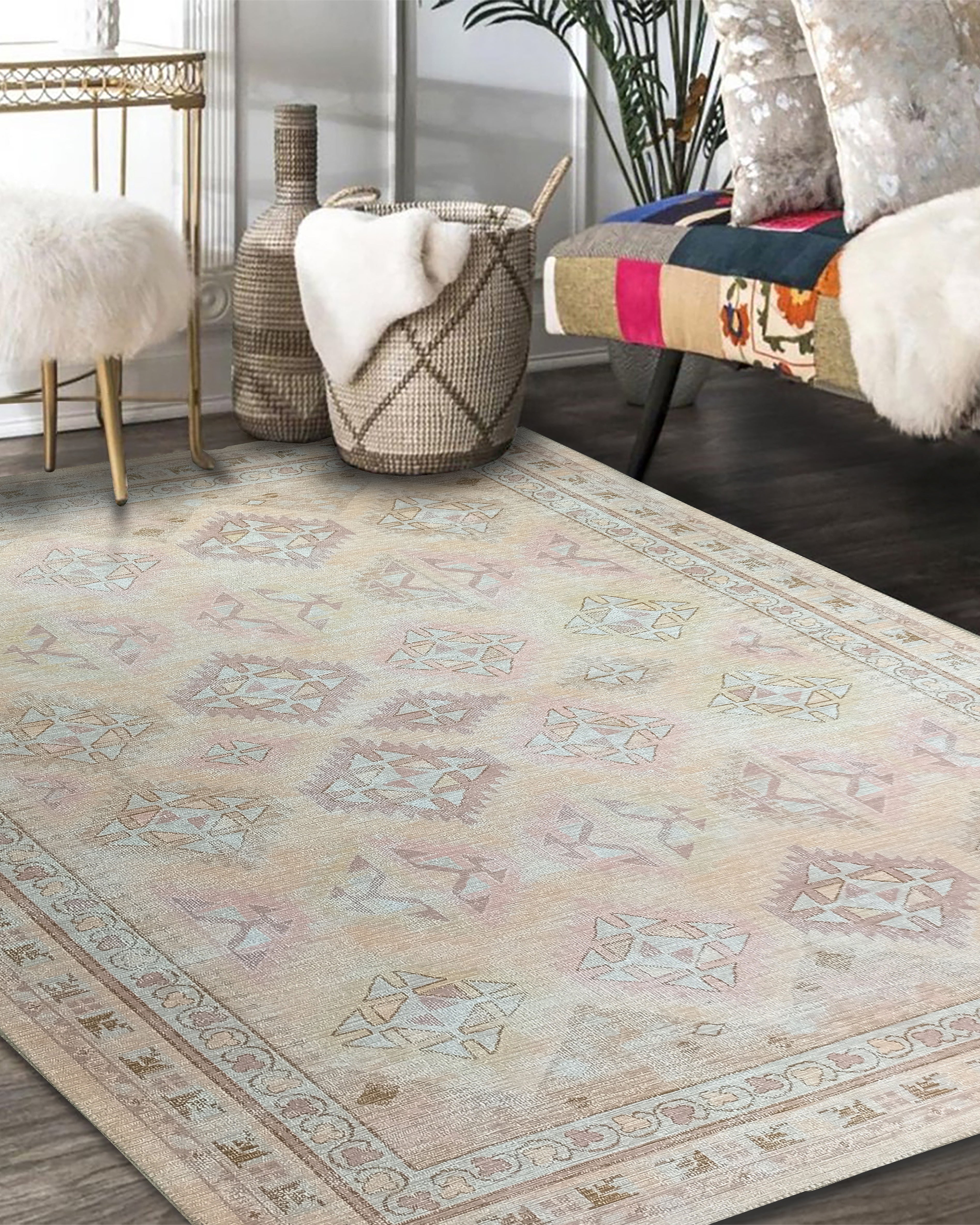 Raisanna Pale Brown Beige Herki Vintage Rug