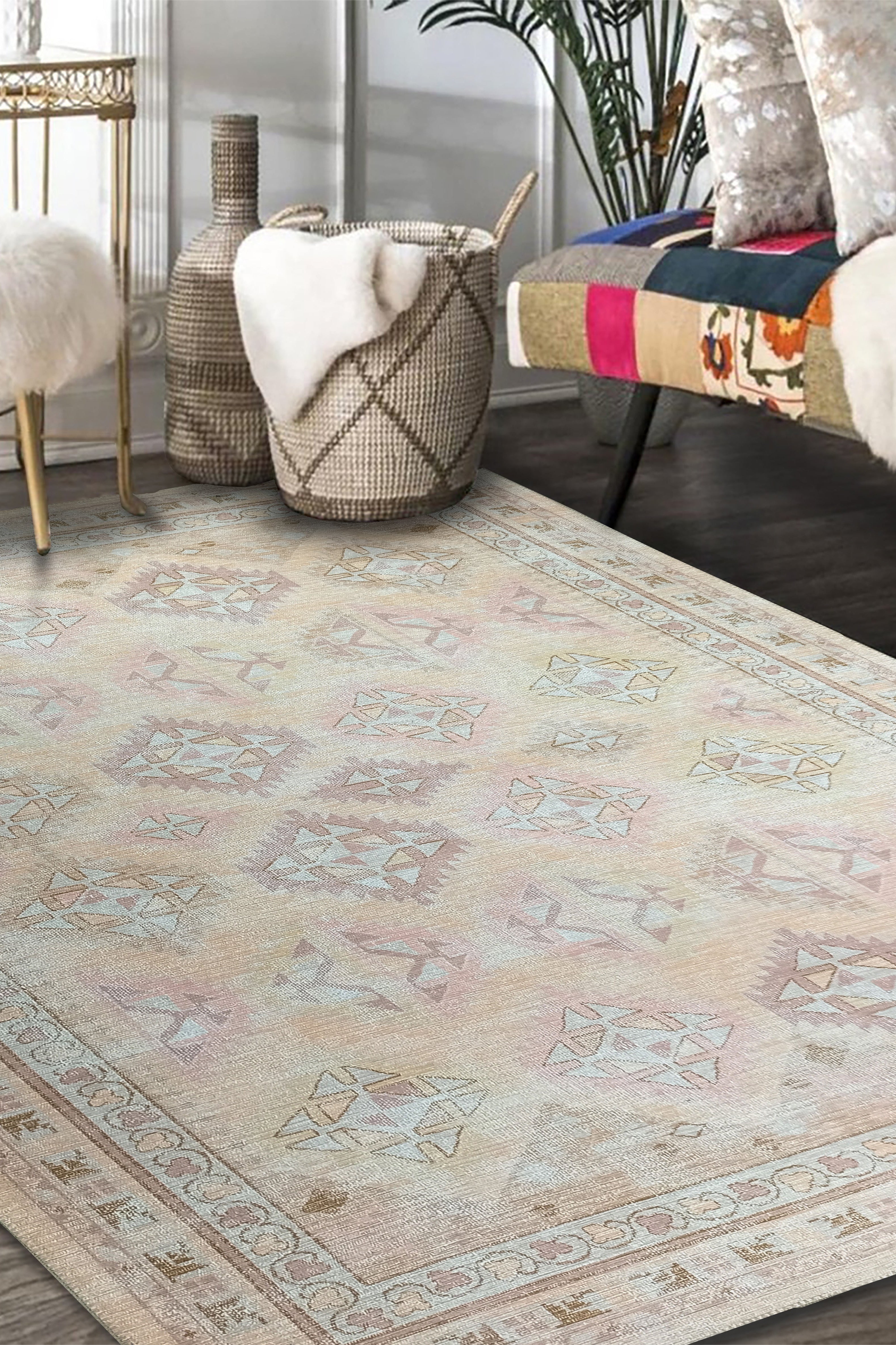 Raisanna Pale Brown Beige Herki Vintage Rug