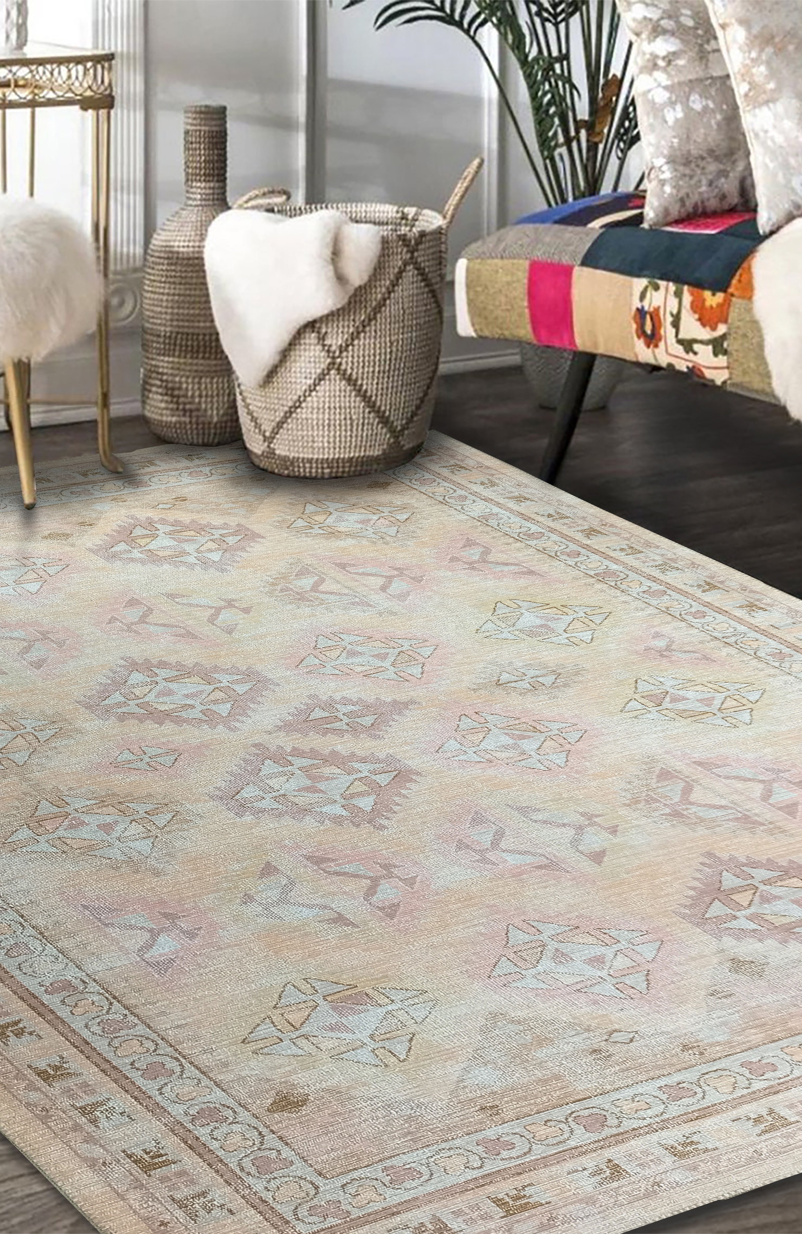 Raisanna Pale Brown Beige Herki Vintage Rug