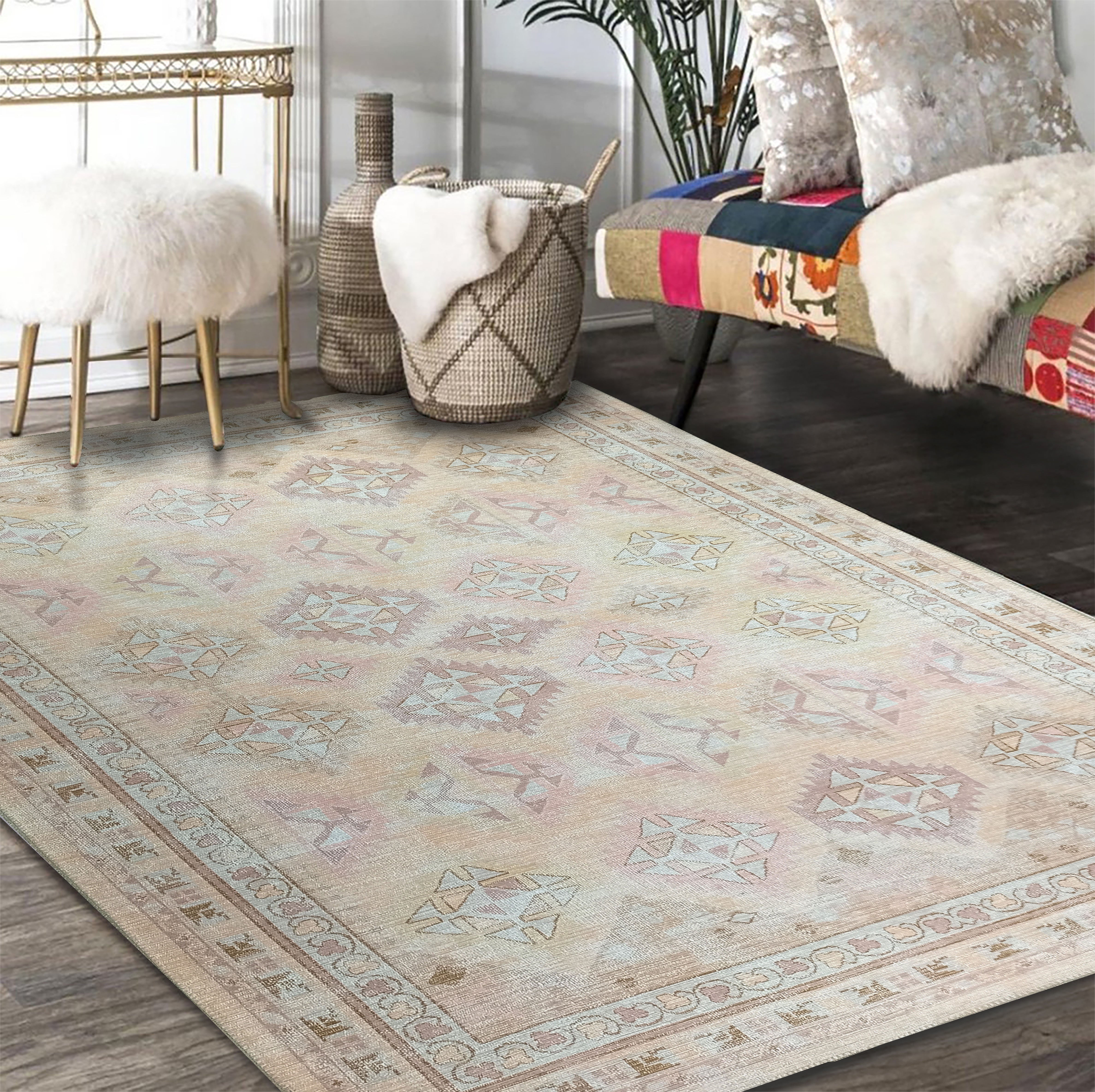 Raisanna Pale Brown Beige Herki Vintage Rug