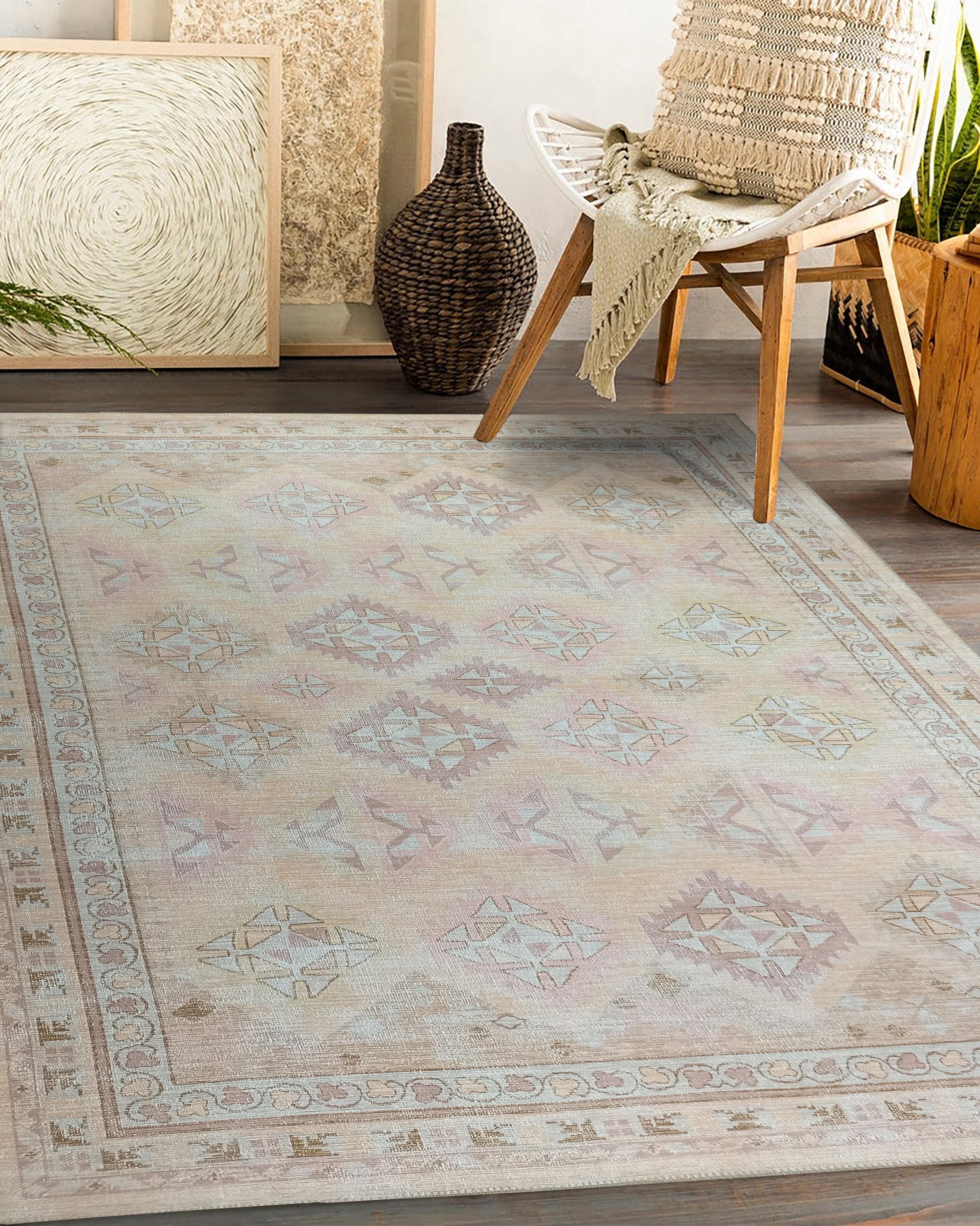 Raisanna Pale Brown Beige Herki Vintage Rug