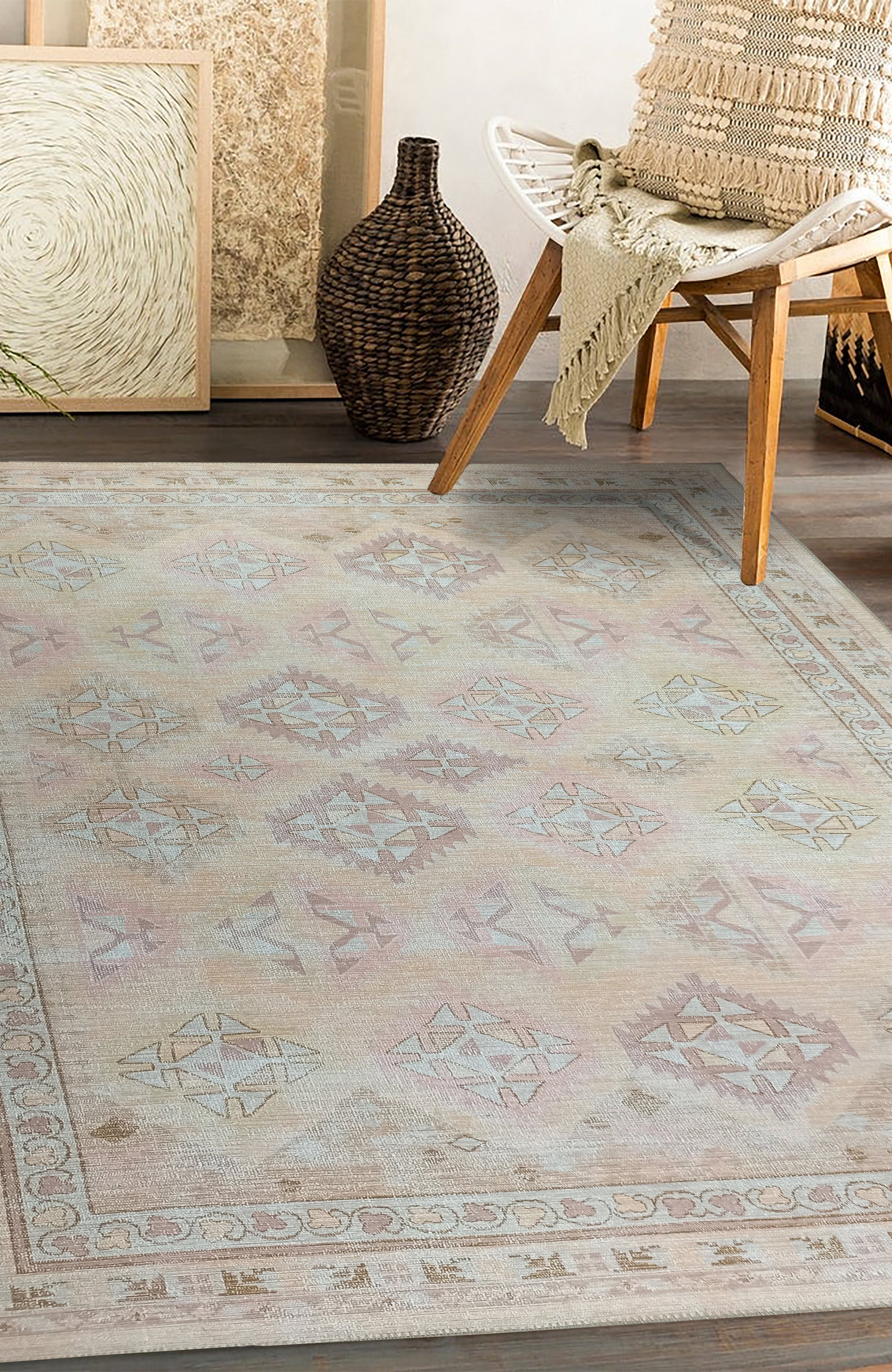 Raisanna Pale Brown Beige Herki Vintage Rug