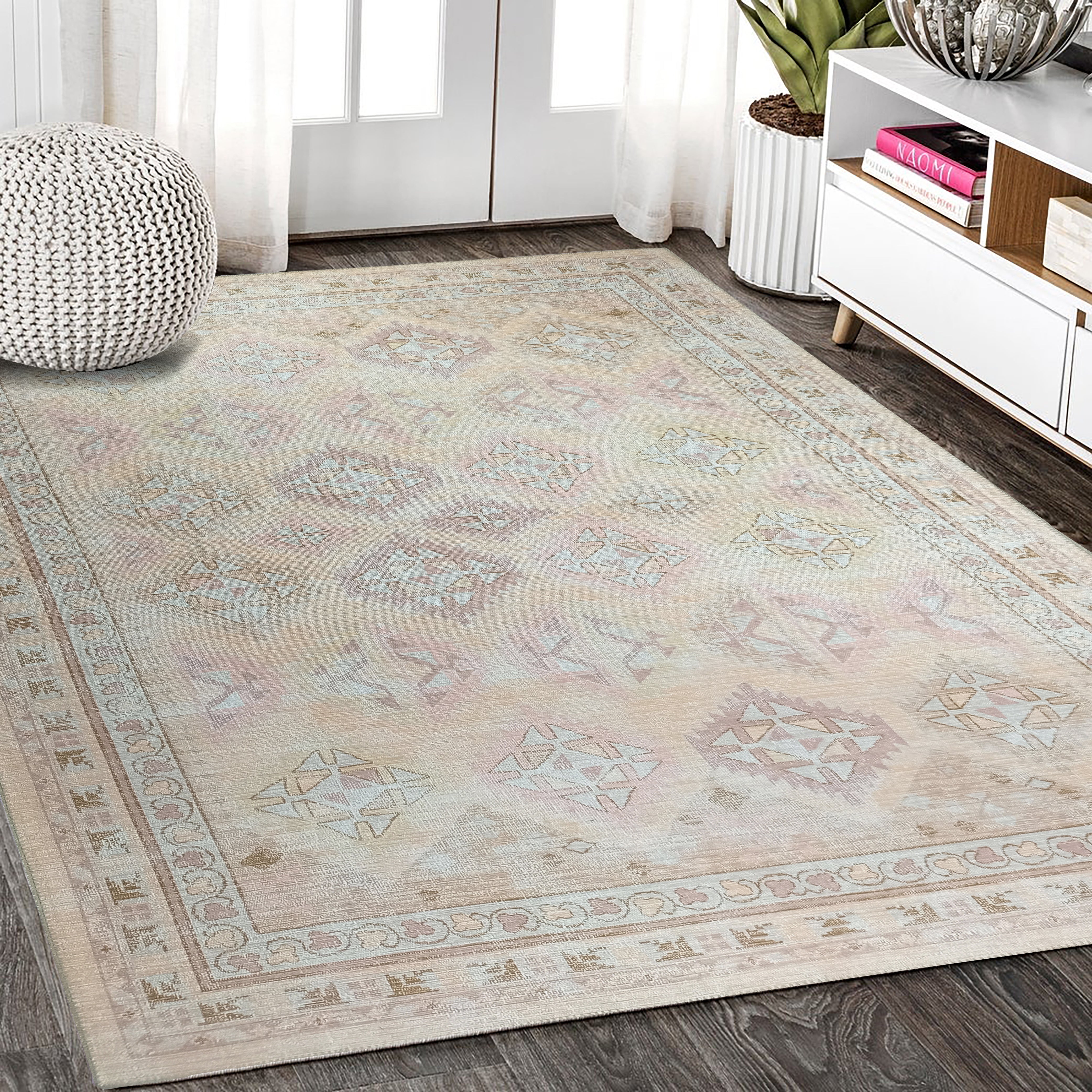 Raisanna Pale Brown Beige Herki Vintage Rug