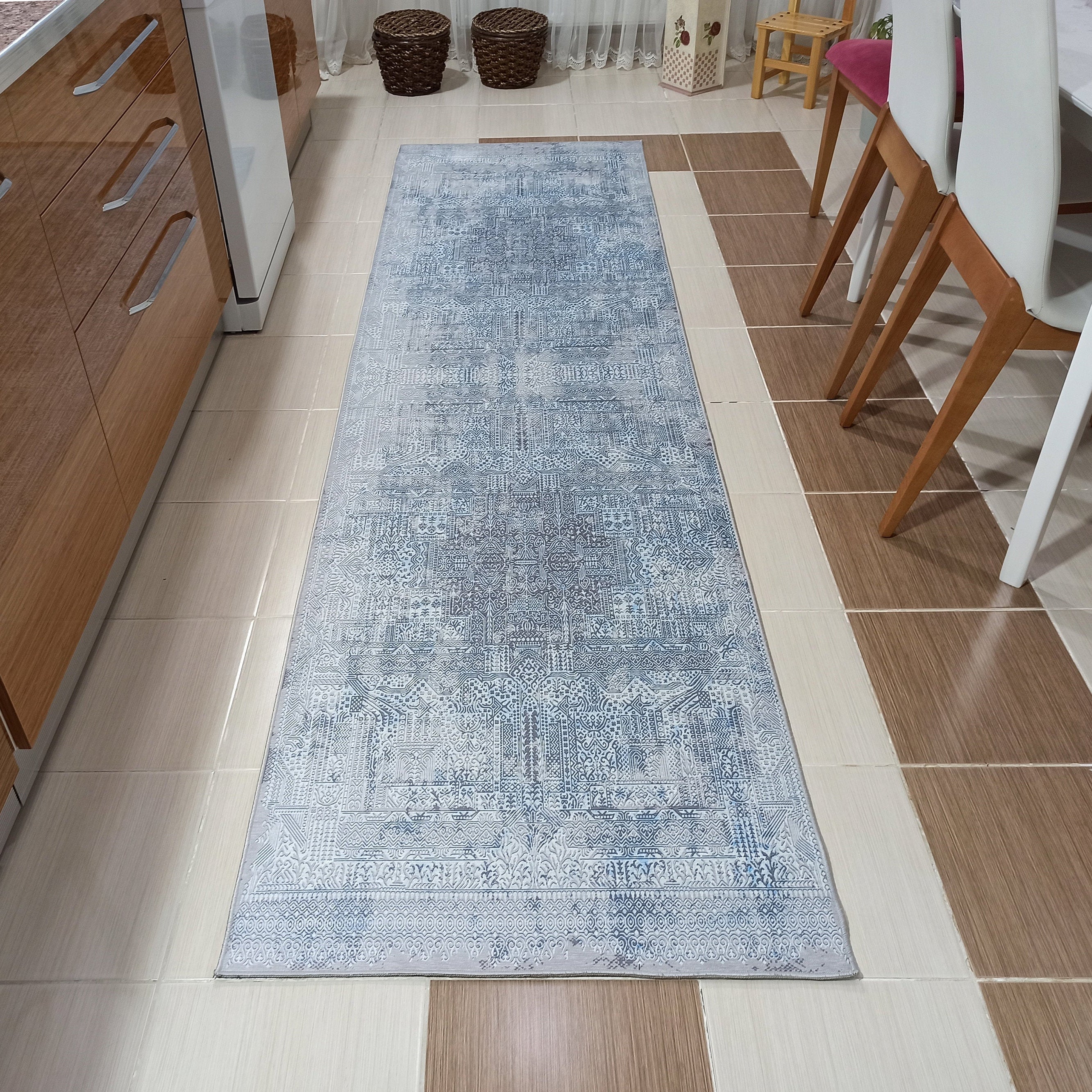 Pana Runner Turkish Distressed Gray Light Blue White Rug