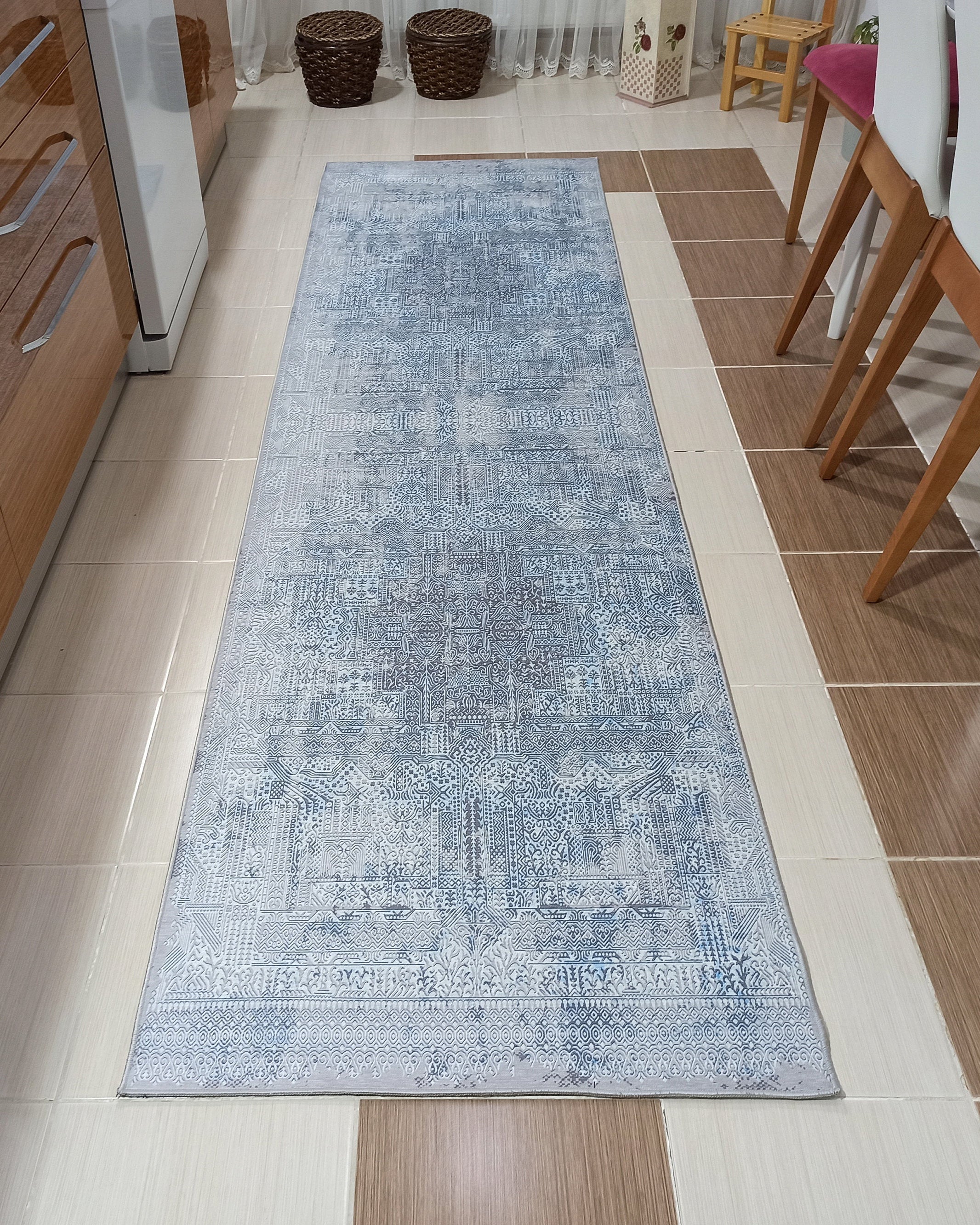 Pana Runner Turkish Distressed Gray Light Blue White Rug